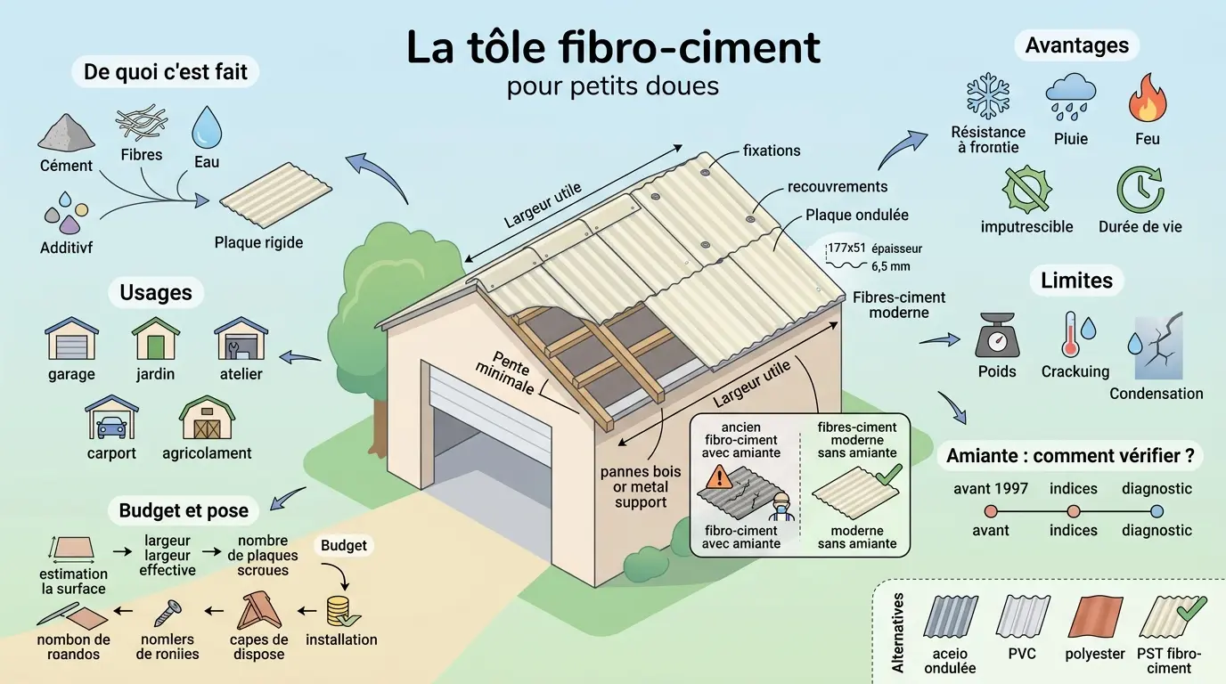 Infographie éducative sur la tôle fibro ciment, illustrant ses usages, avantages, limites et comparaison avec l'ancien fibro-ciment.