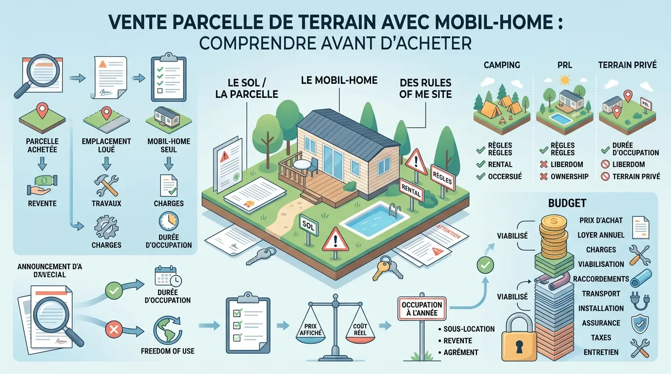 Infographie éducative sur la vente parcelle de terrain avec mobil-home, illustrant droits, coûts et règles d'occupation.