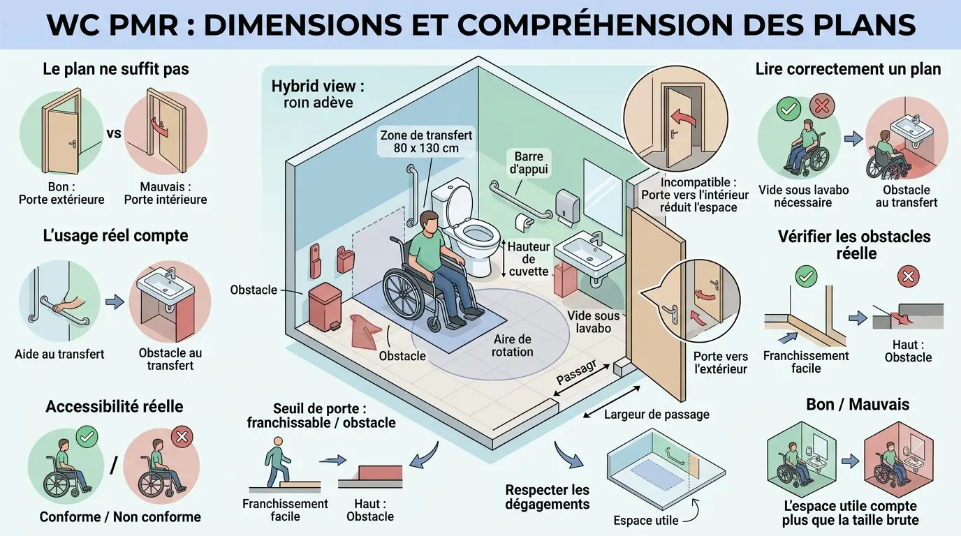 Infographie éducative sur les wc pmr dimensions, illustrant l'espace utile, zones de transfert et obstacles dans un WC accessible.