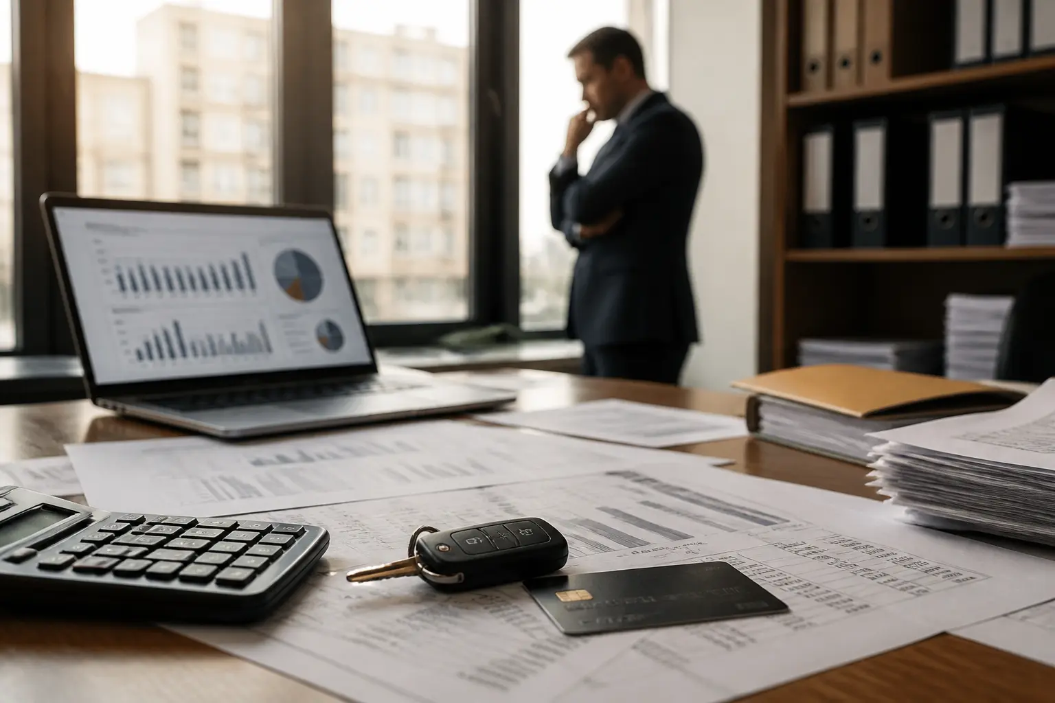 Abus de biens sociaux : bureau d’entreprise avec relevés bancaires, factures, carte pro, clés de voiture et enquête comptable.