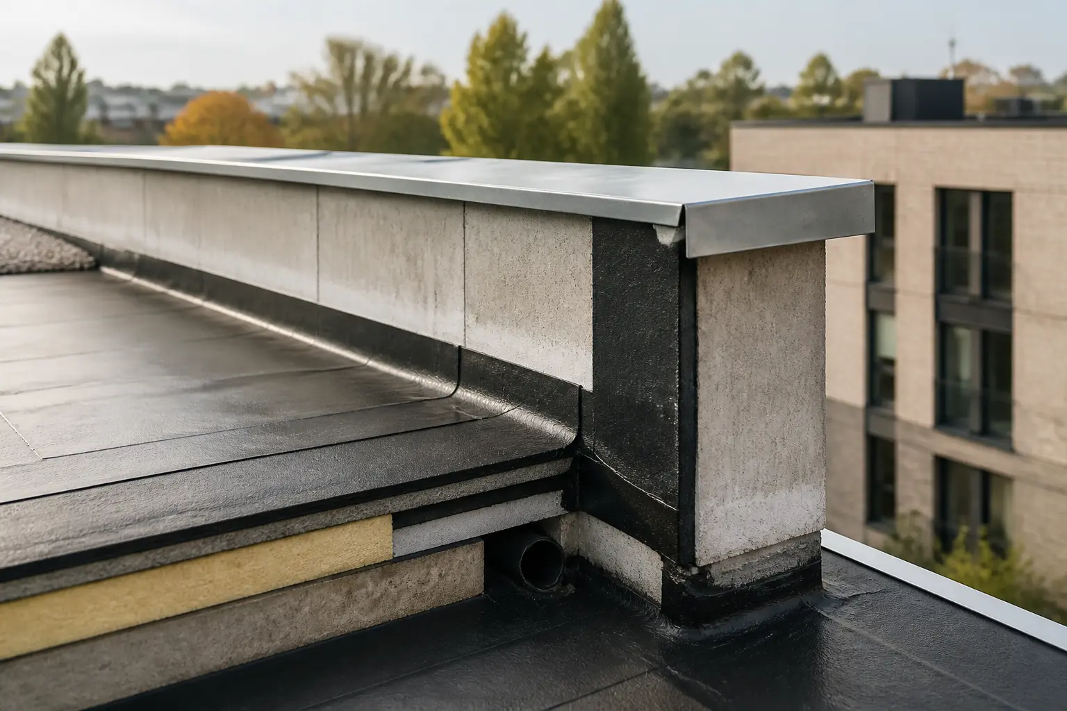 Acrotere d’un toit-terrasse moderne avec membrane d’étanchéité, couvertine métallique et détail de rénovation architecturale