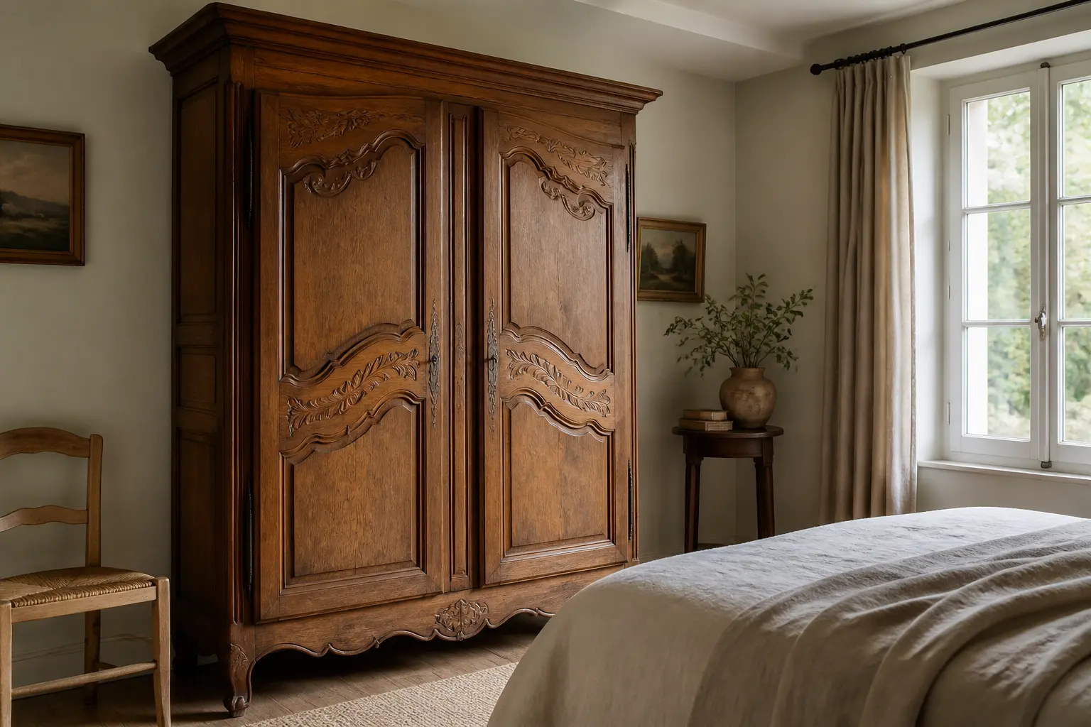 Armoire normande ancienne en chêne dans une chambre contemporaine, ambiance chaleureuse et élégante, style authentique.