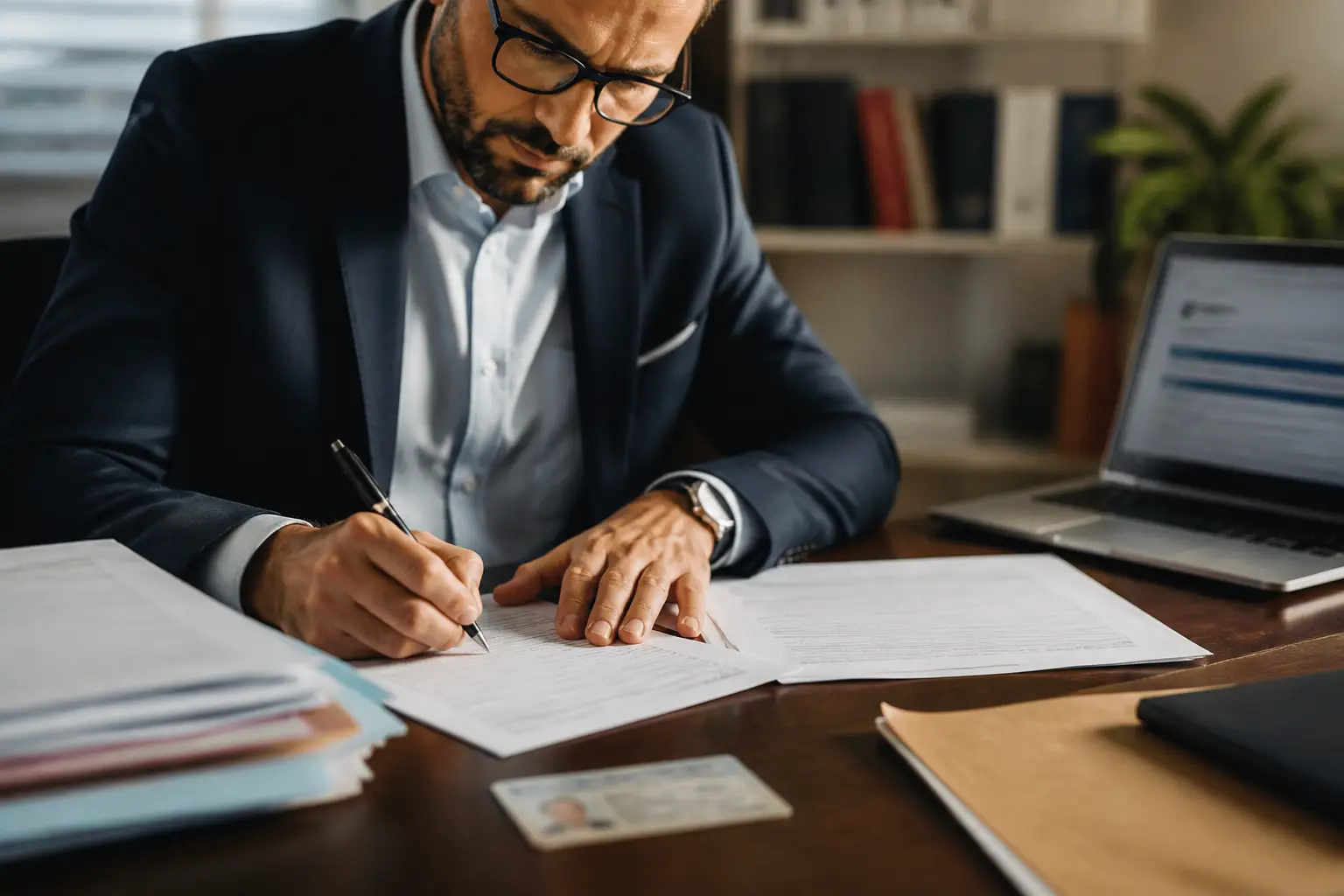 Entrepreneur français signant un dossier administratif avec attestation de non condamnation et documents de création d’entreprise
