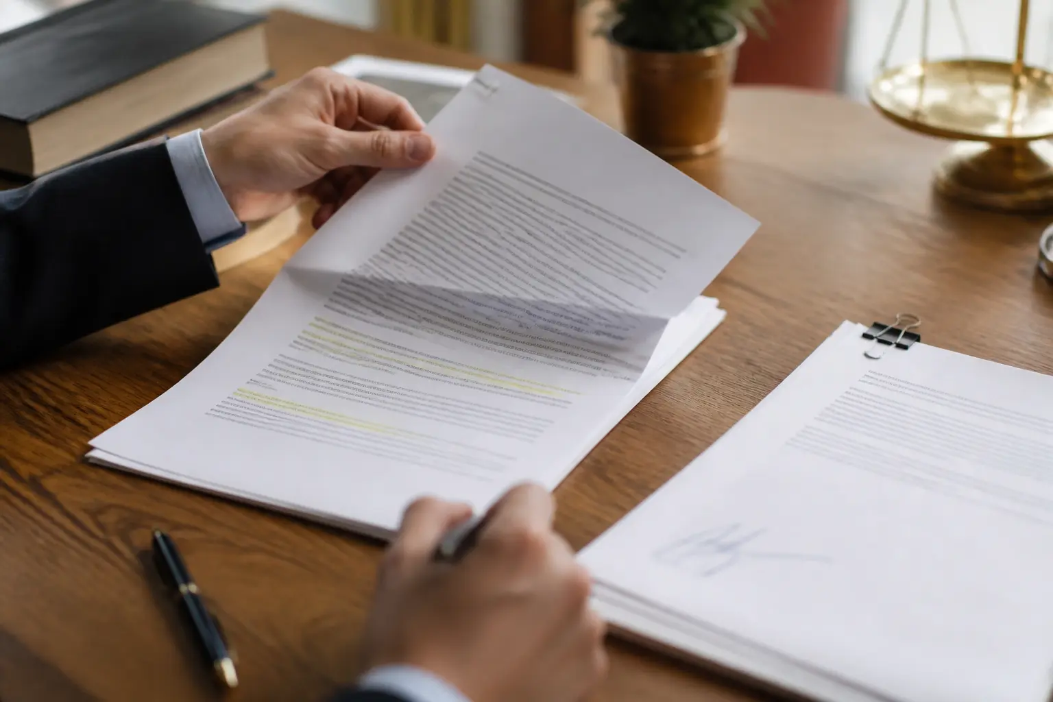 Avenant au contrat sur bureau en bois, contrat signé, stylo, main vérifiant les clauses, ambiance juridique professionnelle