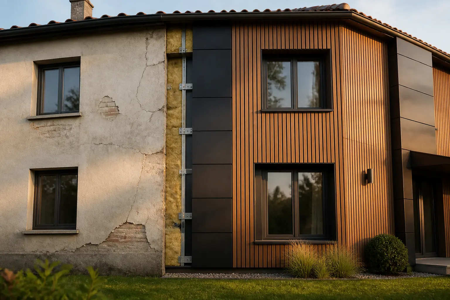 Façade rénovée avec bardage extérieur ventilé, bois et panneaux composites, avant-après sur maison contemporaine.