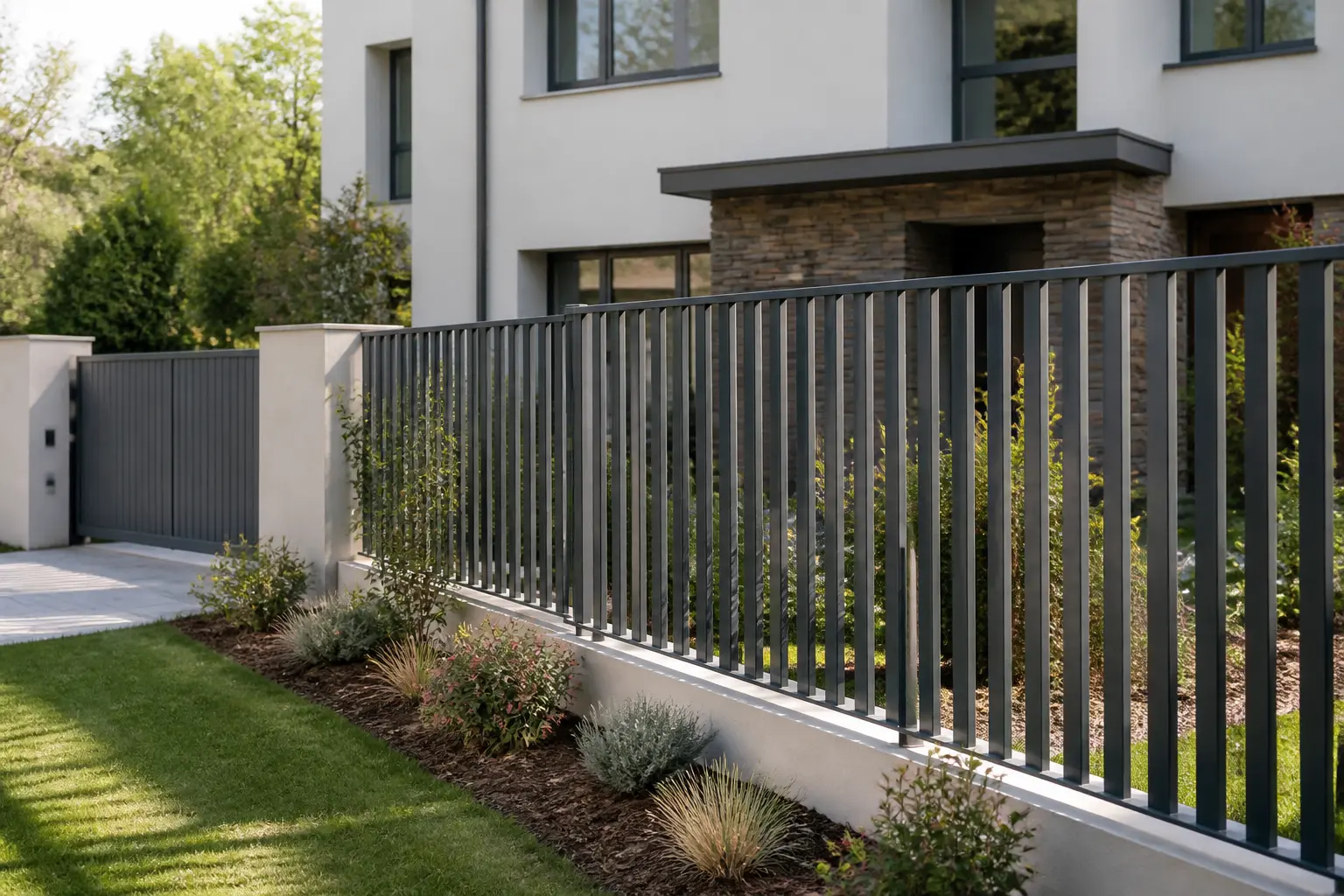 Façade de maison contemporaine avec cloture à claire voie anthracite, jardin soigné et lumière naturelle.