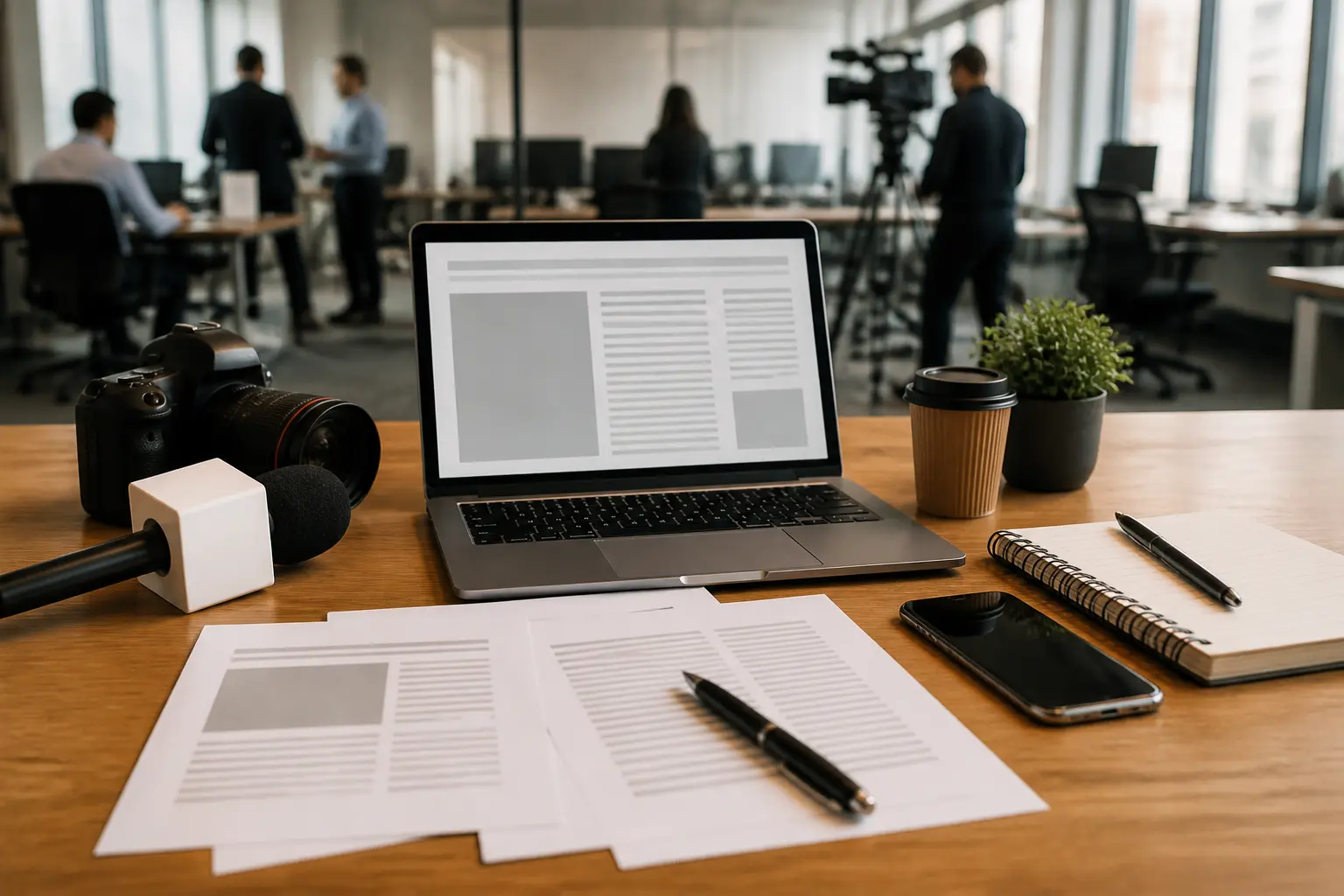 Bureau éditorial avec communiqué de presse imprimé, laptop, carnet, stylo, smartphone, micro et caméra en arrière-plan
