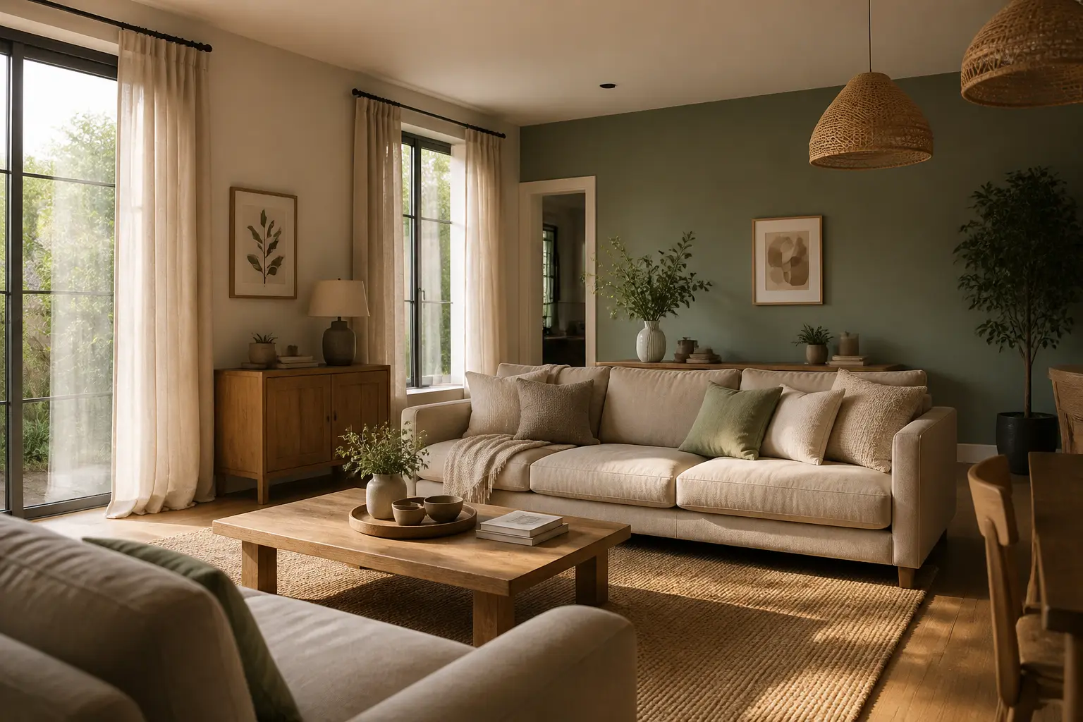 Salon contemporain avec couleur salon mur beige et vert sauge, canapé lin, bois naturel et lumière douce.