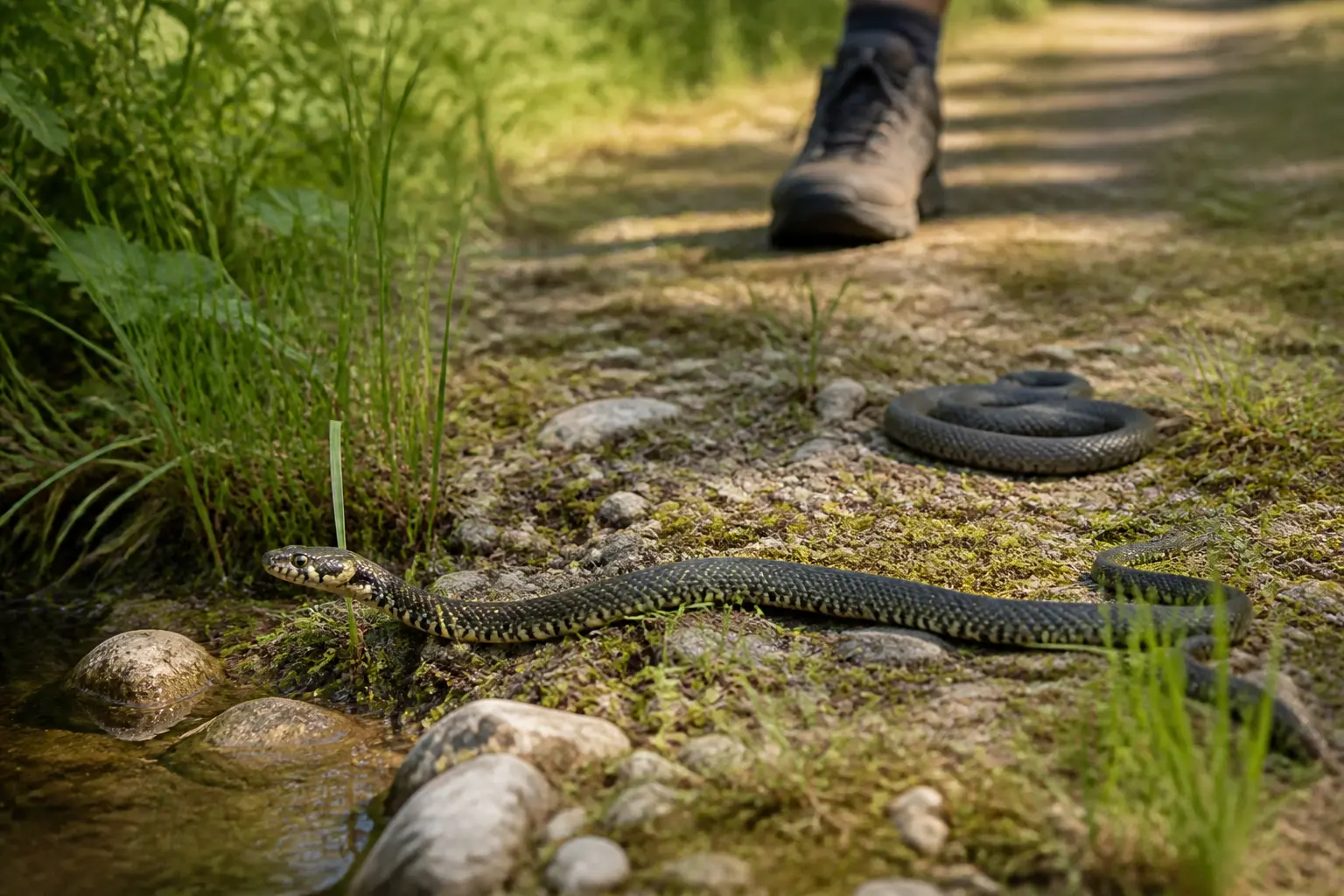 Couleuvres en France : serpent non venimeux en milieu naturel, près d’un sentier humide, avec silhouette de vipère en arrière-plan