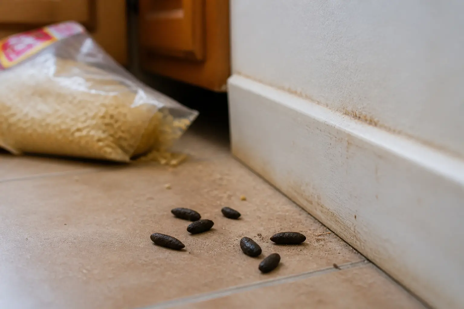 Crottes de rat sur le sol d’une cuisine près d’une plinthe, avec indices discrets d’activité de rongeurs en arrière-plan