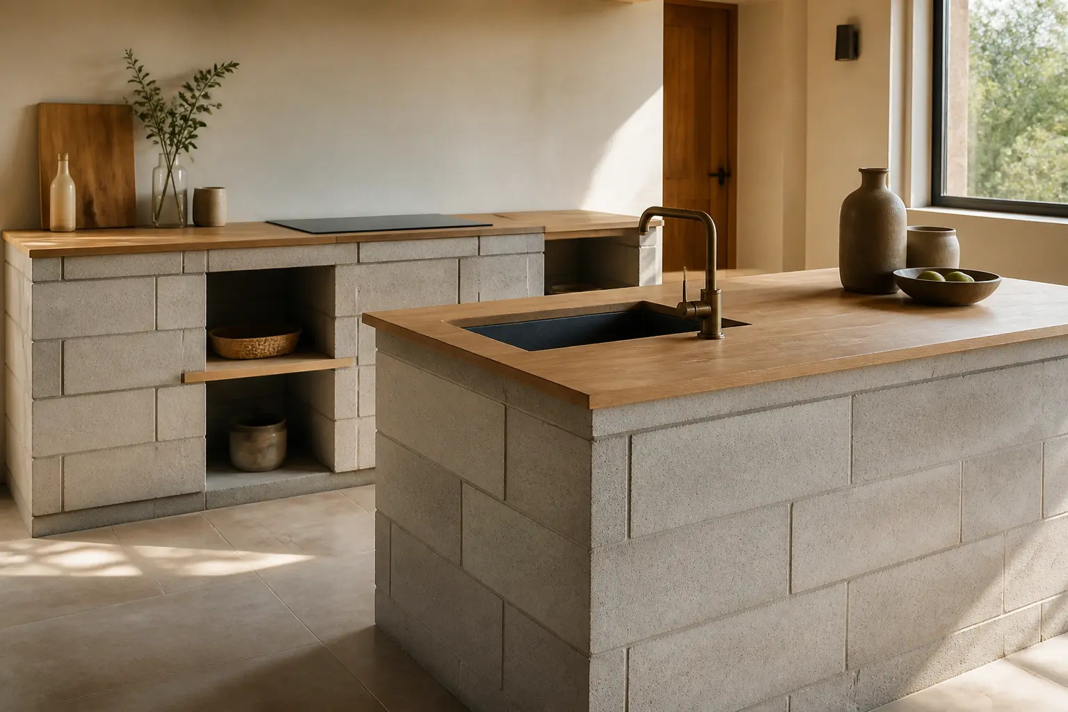 Cuisine en béton cellulaire dans une cuisine française contemporaine, îlot et meuble bas en construction, lumière naturelle douce