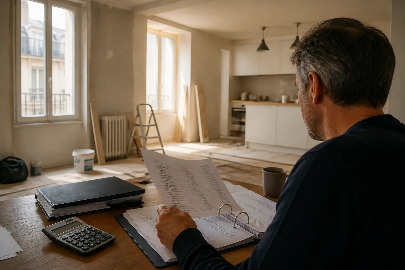 Déficit foncier : appartement en rénovation, dossier fiscal et calculatrice sur table, propriétaire au travail.