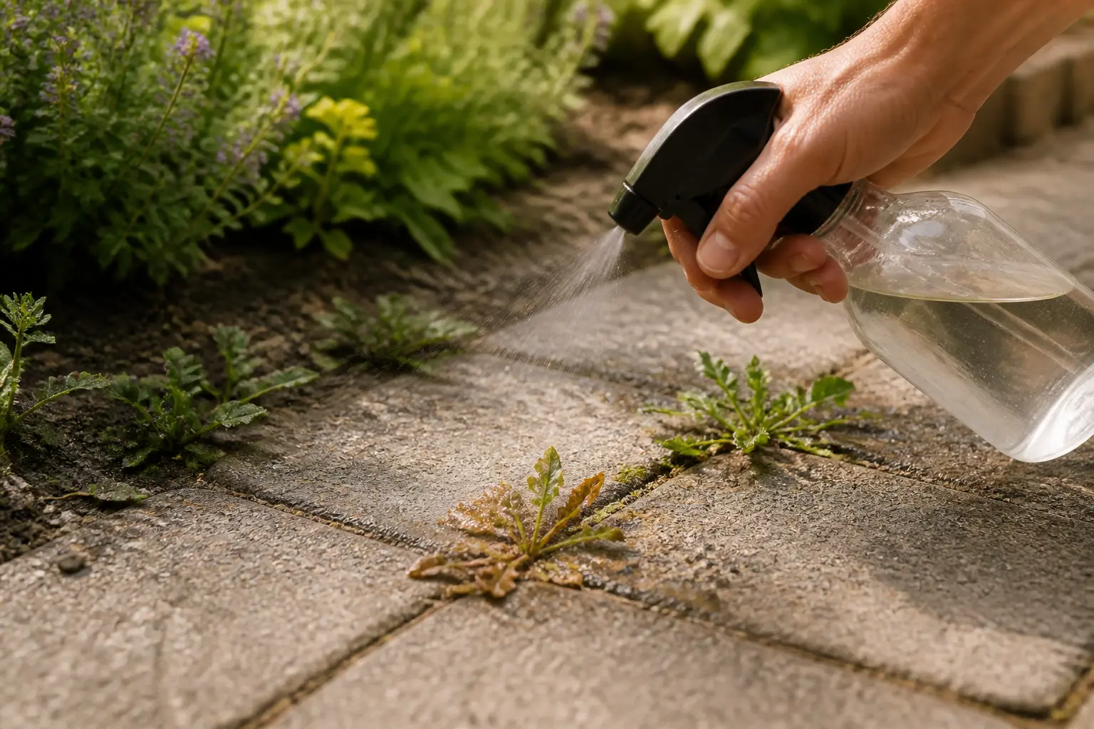 Désherbant vinaigre sel appliqué au spray sur des mauvaises herbes entre les joints d’une terrasse, jardinier en action