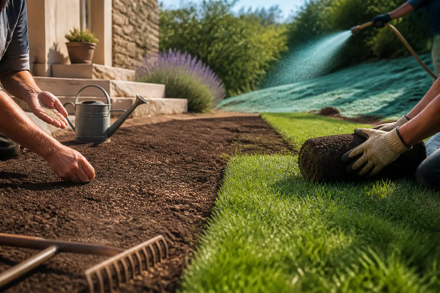 Engazonnement d’un jardin résidentiel : semis, rouleau de gazon et hydroseeding sur sol préparé, lumière naturelle.