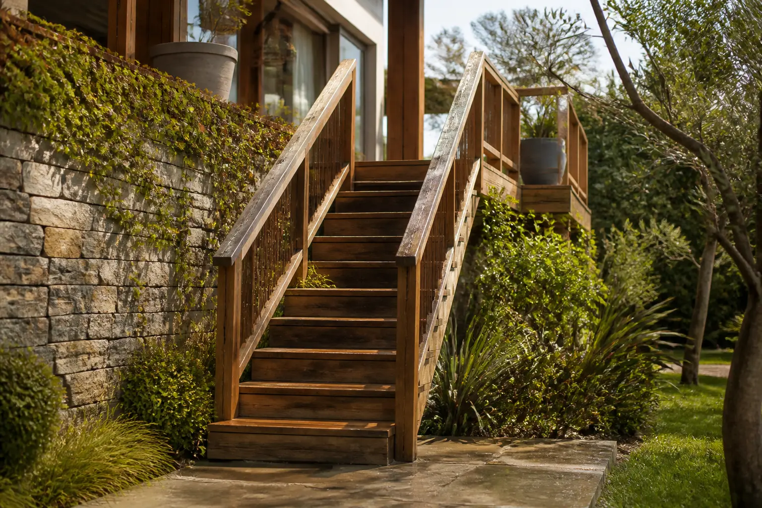 Escalier en bois extérieur menant d’une terrasse moderne à un jardin paysager, avec rambardes robustes et lumière chaude.