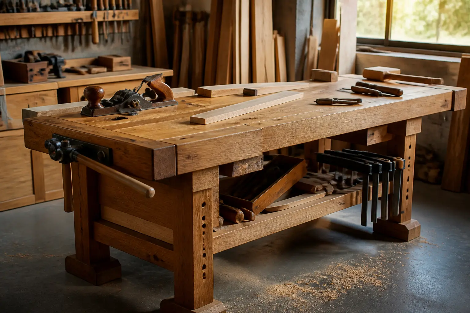 etabli bois robuste dans un atelier, avec outils, serre-joints et étau, ambiance chaleureuse pour bricolage et menuiserie