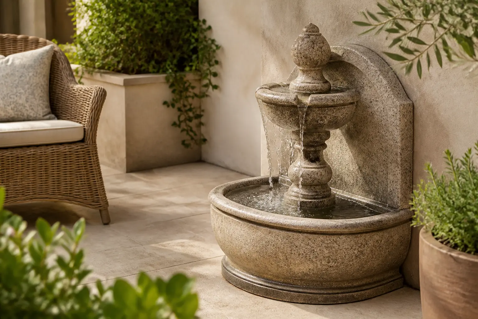 Fontaine de jardin compacte sur terrasse française, eau douce, pierre naturelle, verdure légère, style premium