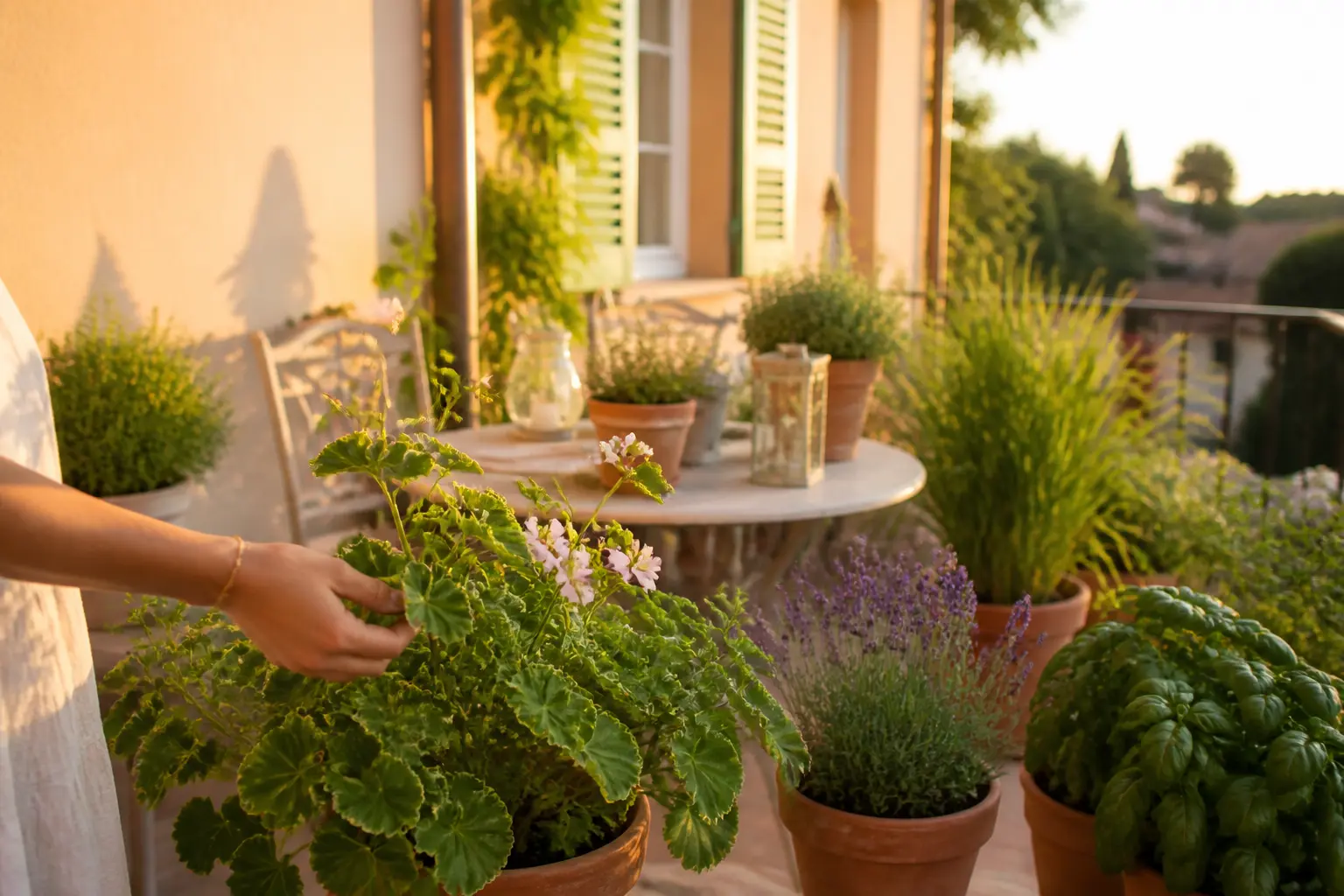 Géranium anti moustique sur terrasse ensoleillée, pots de lavande, basilic et citronnelle, ambiance estivale chaleureuse