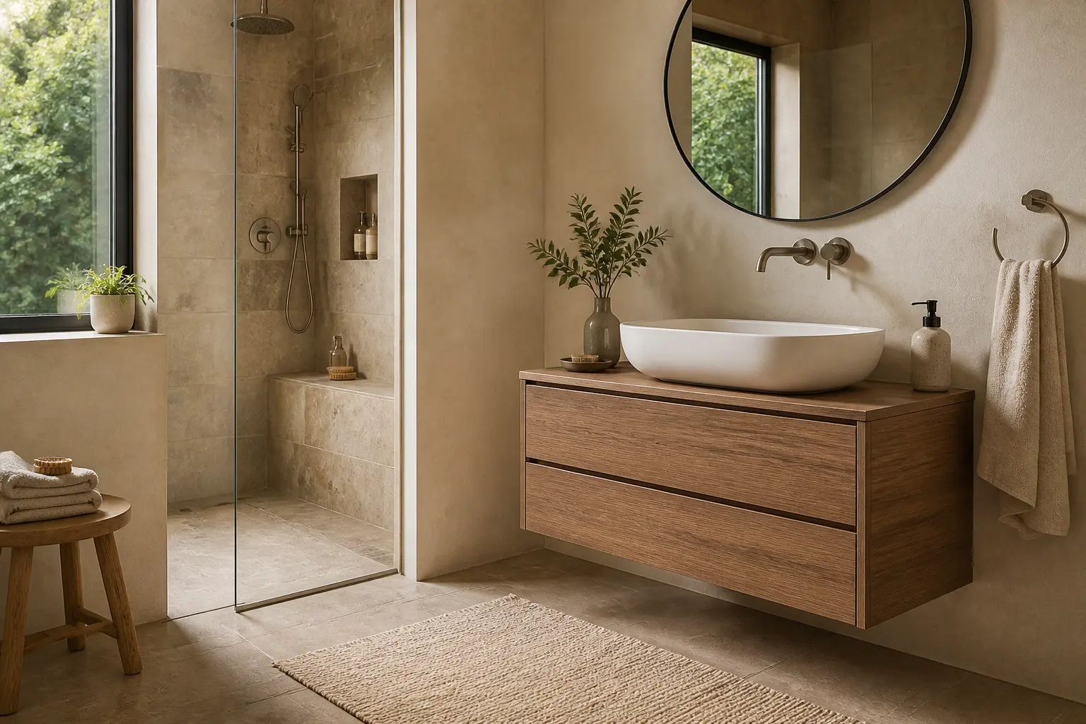 Salle de bain moderne avec meuble suspendu, lavabo et miroir, illustrant la hauteur meuble de salle de bain idéale.