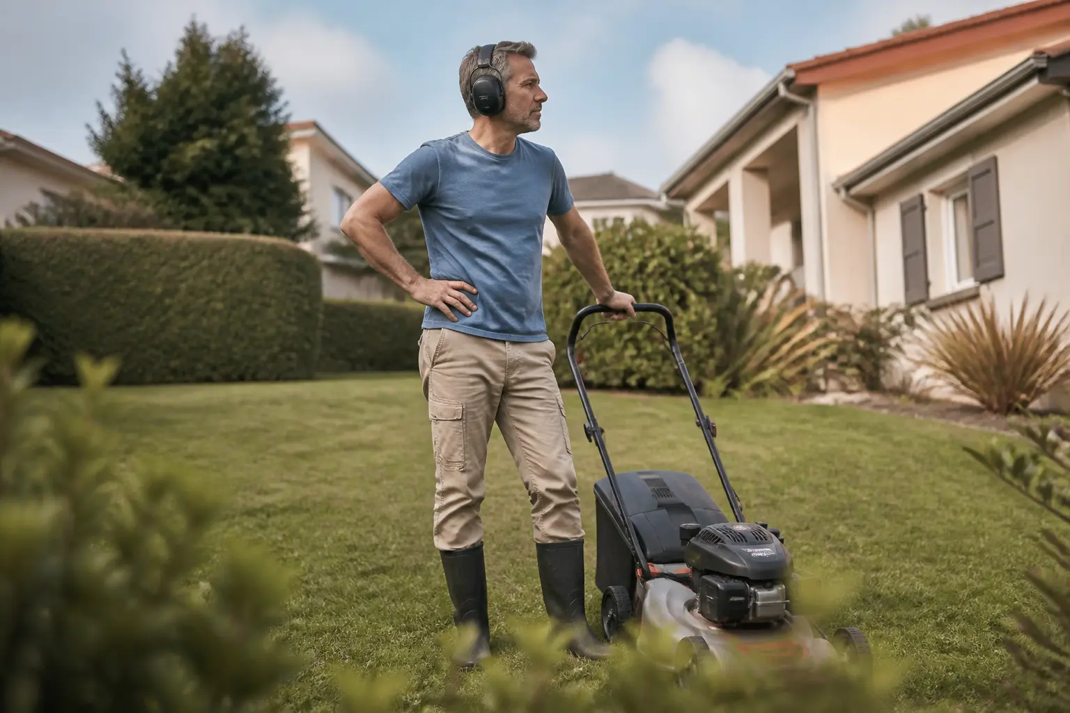 Horaires des tontes : jardin résidentiel français avec tondeuse, pelouse tondue et ambiance calme en arrière-cour.