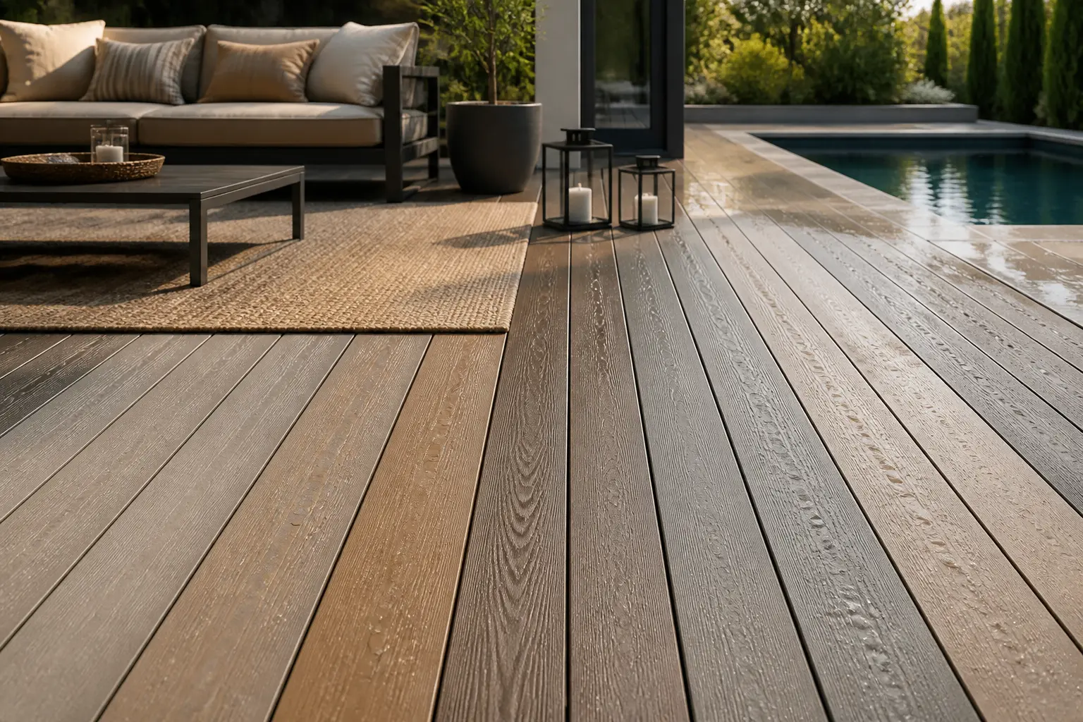 Terrasse résidentielle moderne avec lame composite terrasse, mobilier élégant, piscine discrète et lumière naturelle chaude
