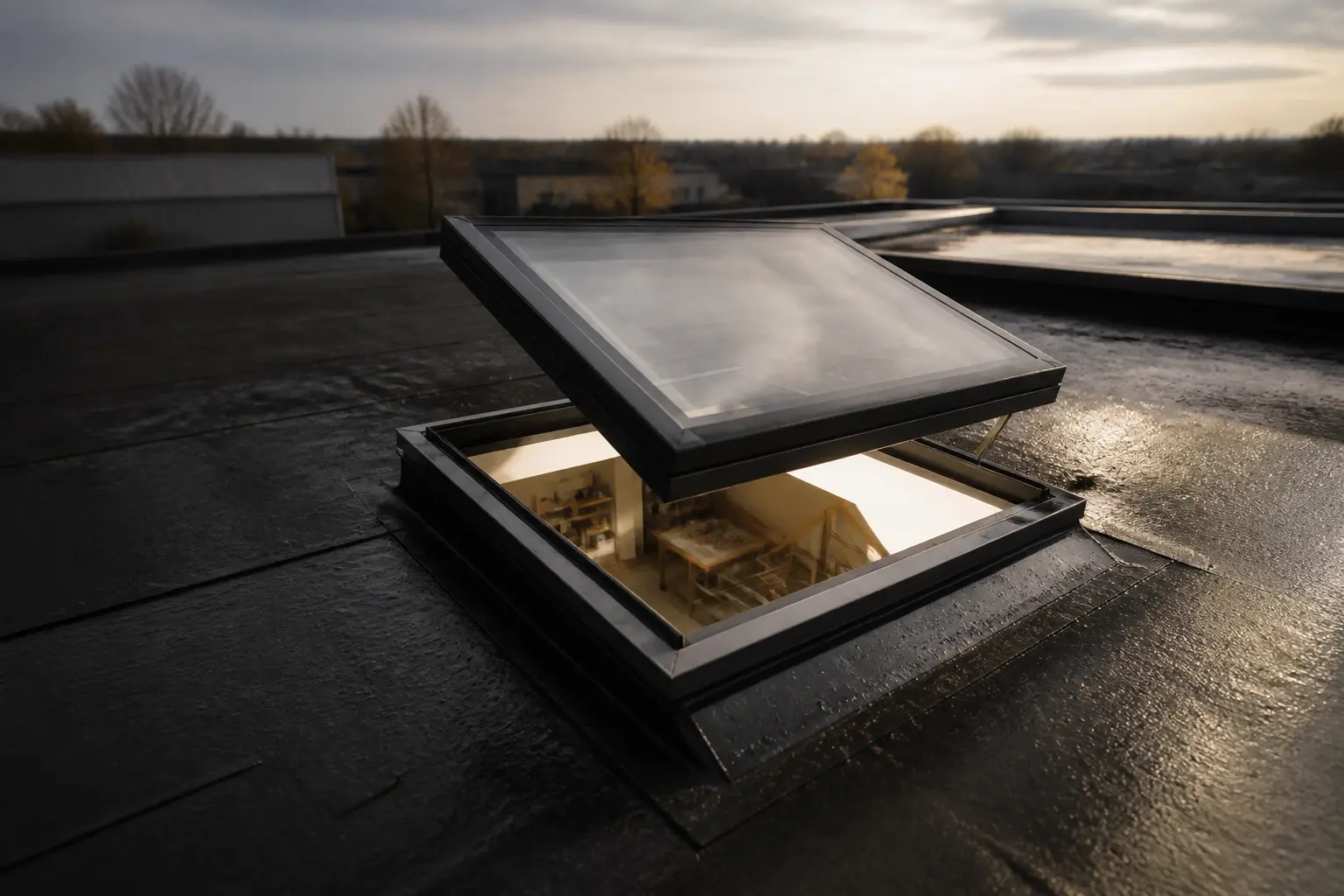 Lanterneaux sur toit plat d’un bâtiment industriel, apportant la lumière naturelle à un intérieur sombre.
