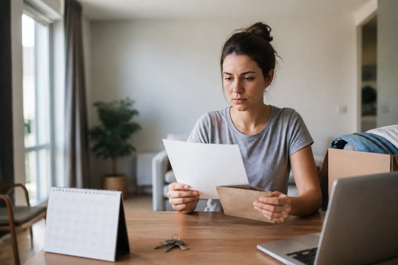 Locataire dans un appartement moderne tenant une lettre de résiliation de bail, clés, calendrier et carton de déménagement.