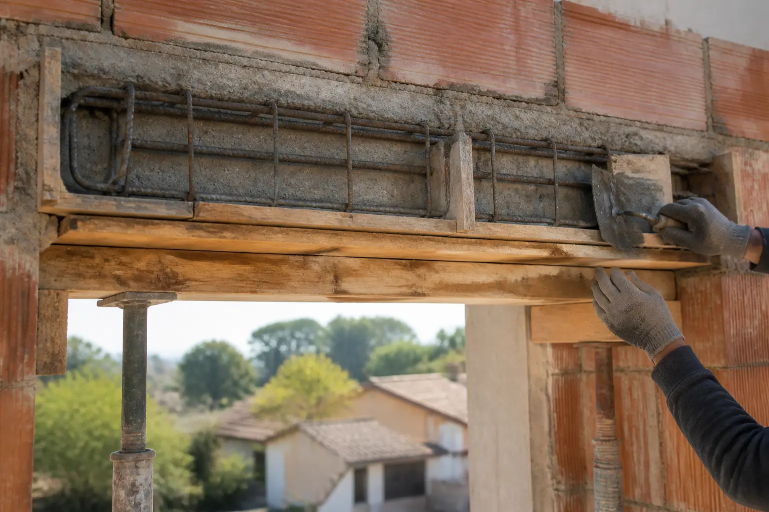 Linteau beton en cours de pose au-dessus d’une ouverture en parpaing, chantier de rénovation résidentielle réaliste