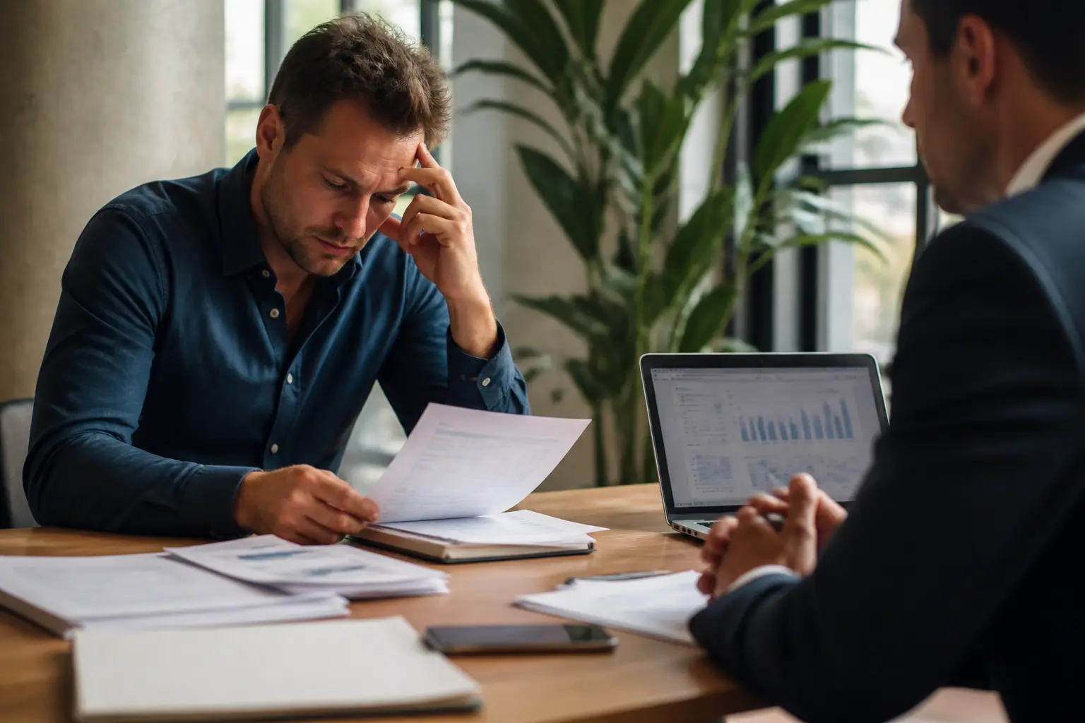 Mandat ad hoc : dirigeant inquiet examinant factures et relevés avec un conseiller en bureau, ambiance confidentielle et tendue