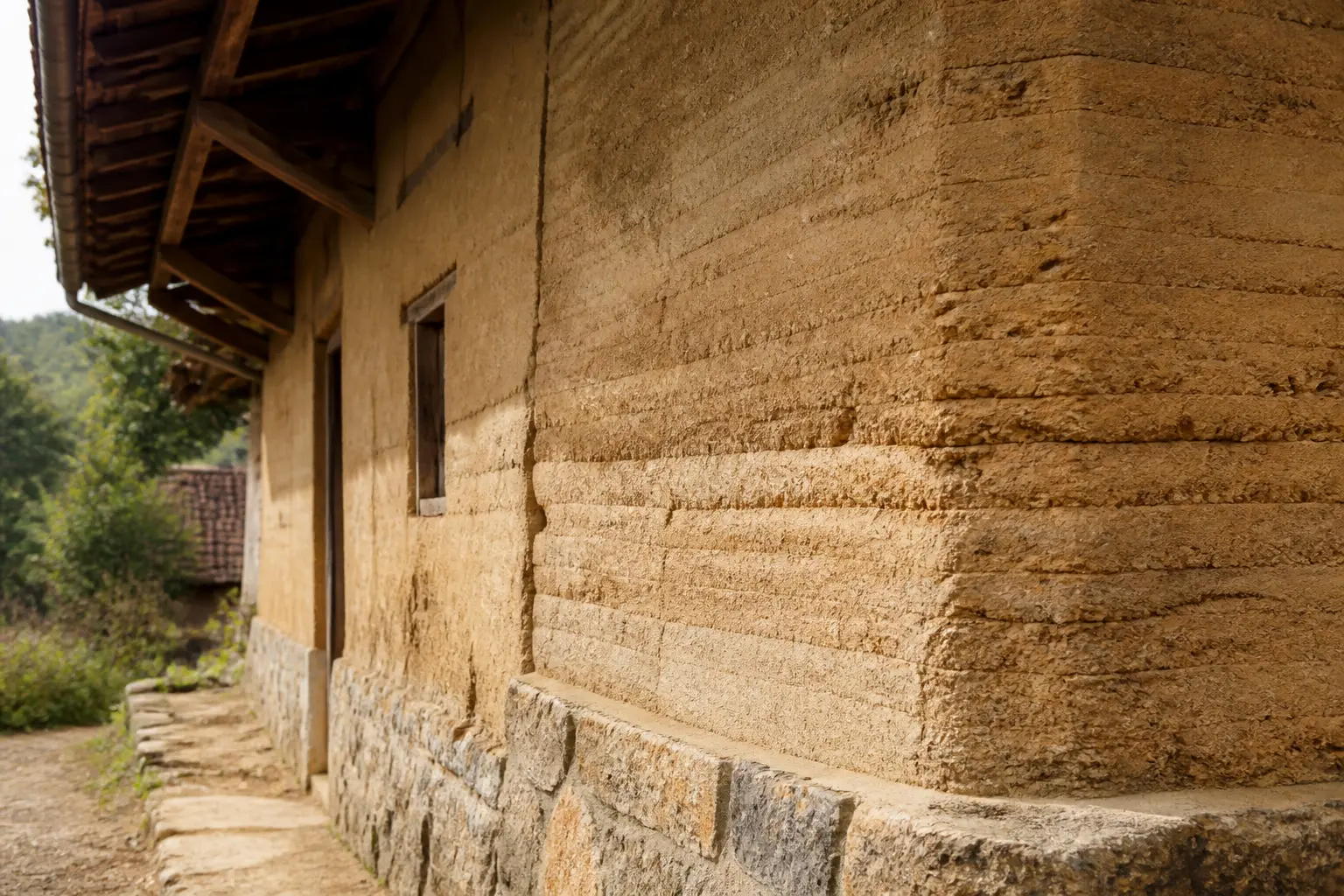 Mur en pisé ancien d’une maison rurale, textures terreuses, base patinée et toit protecteur sous lumière naturelle
