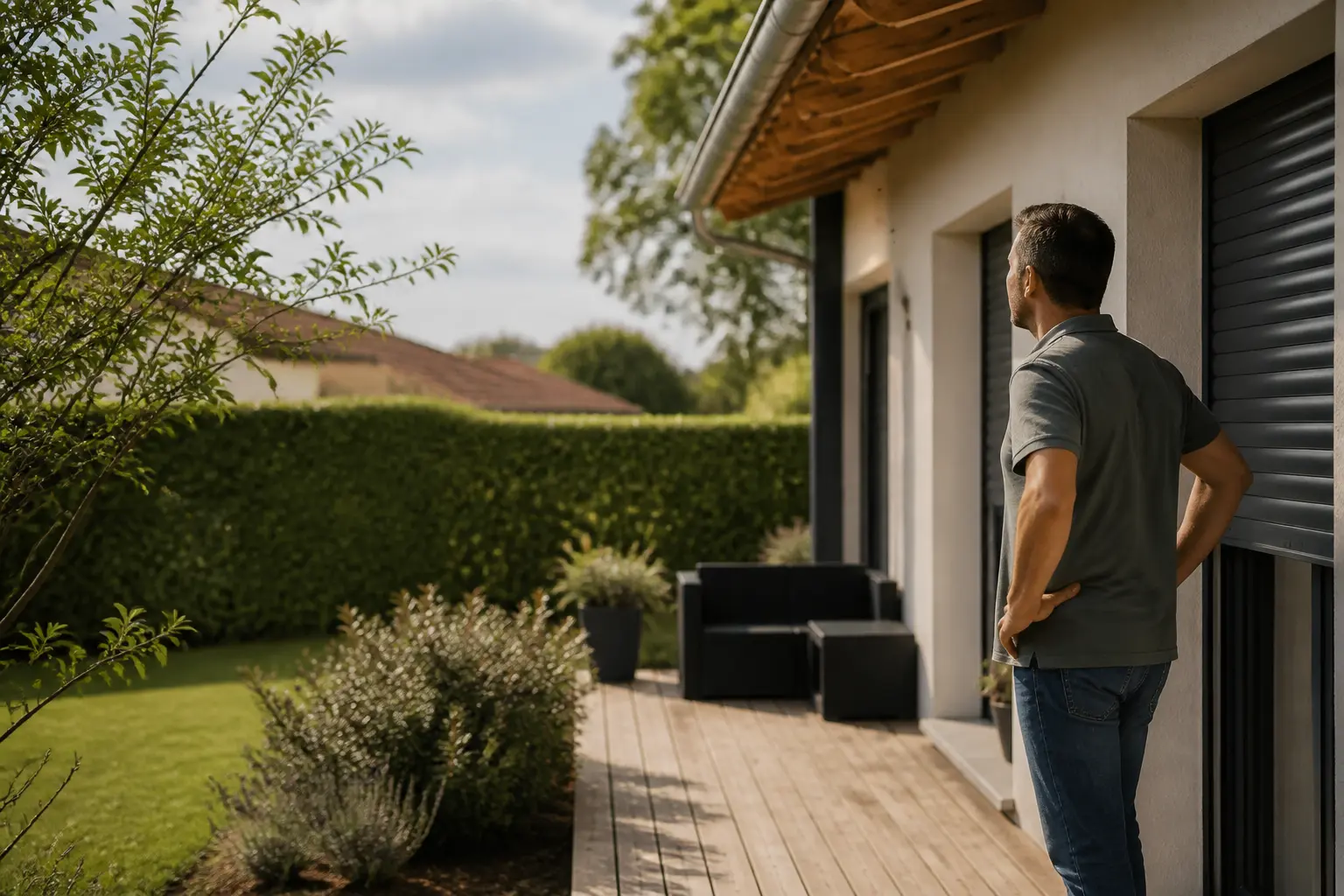 Maison de banlieue avec nid de guêpes discret sous l’avant-toit, propriétaire observant à distance dans le jardin