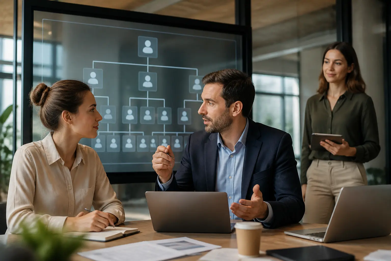 Organigramme entreprise en bureau moderne, manager et nouvel employé devant un schéma hiérarchique digital transparent