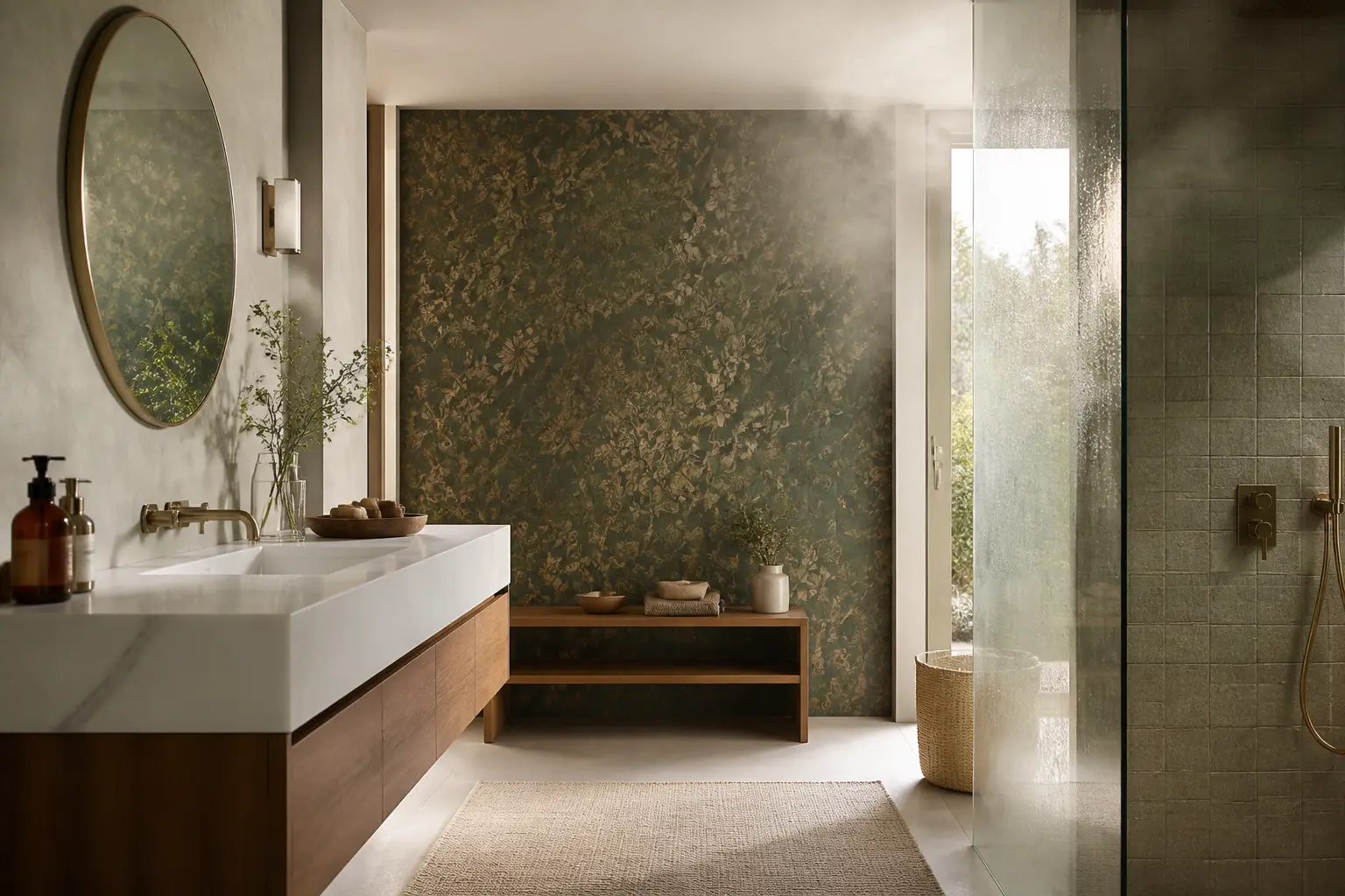 Papier peint salle de bain dans une salle d’eau moderne lumineuse, mur sec décoratif, douche séparée, ambiance vapeur légère