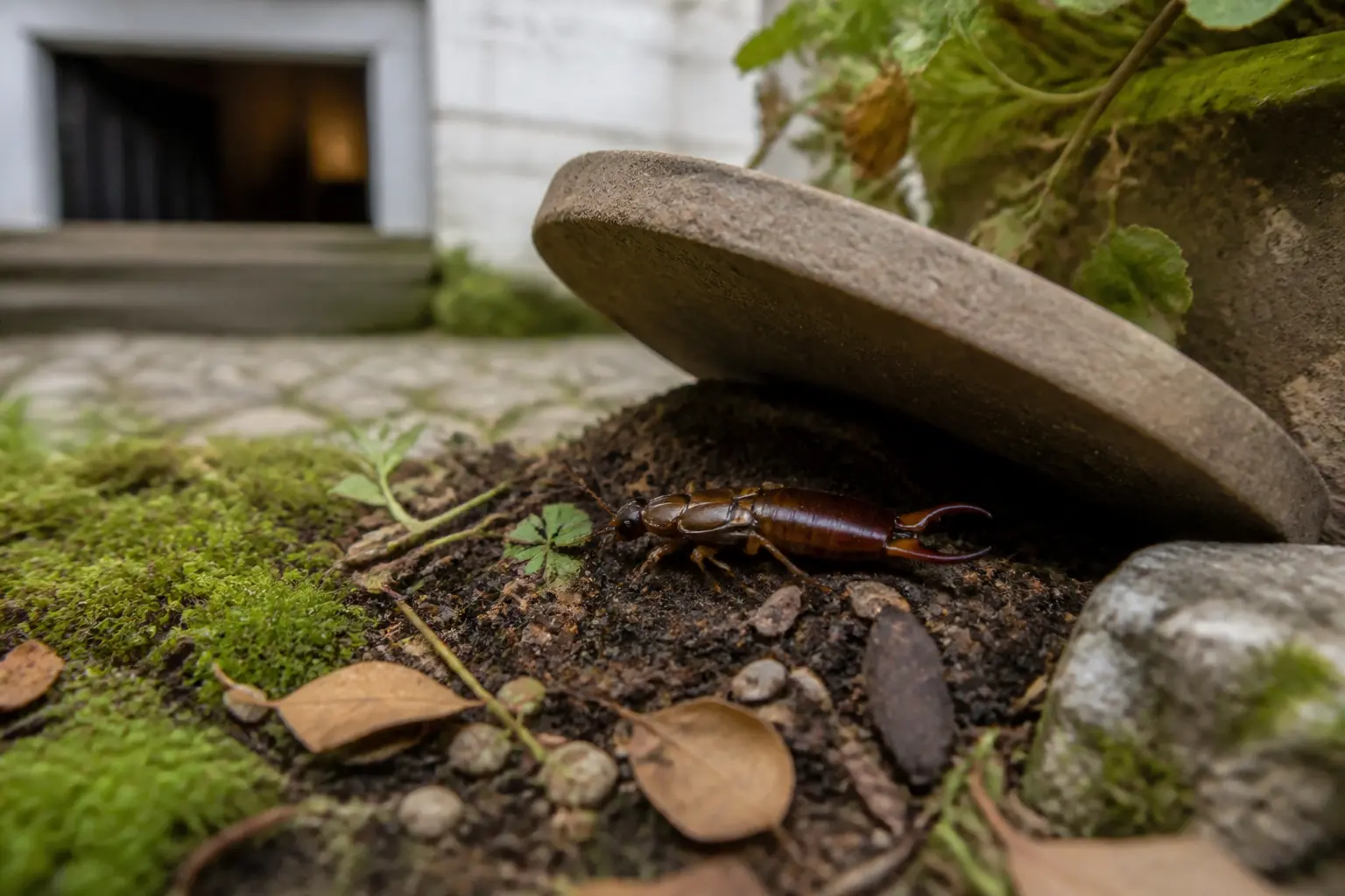 Perce oreille sous un pot dans un jardin français, gros plan réaliste avec pinces visibles et fond flou naturel