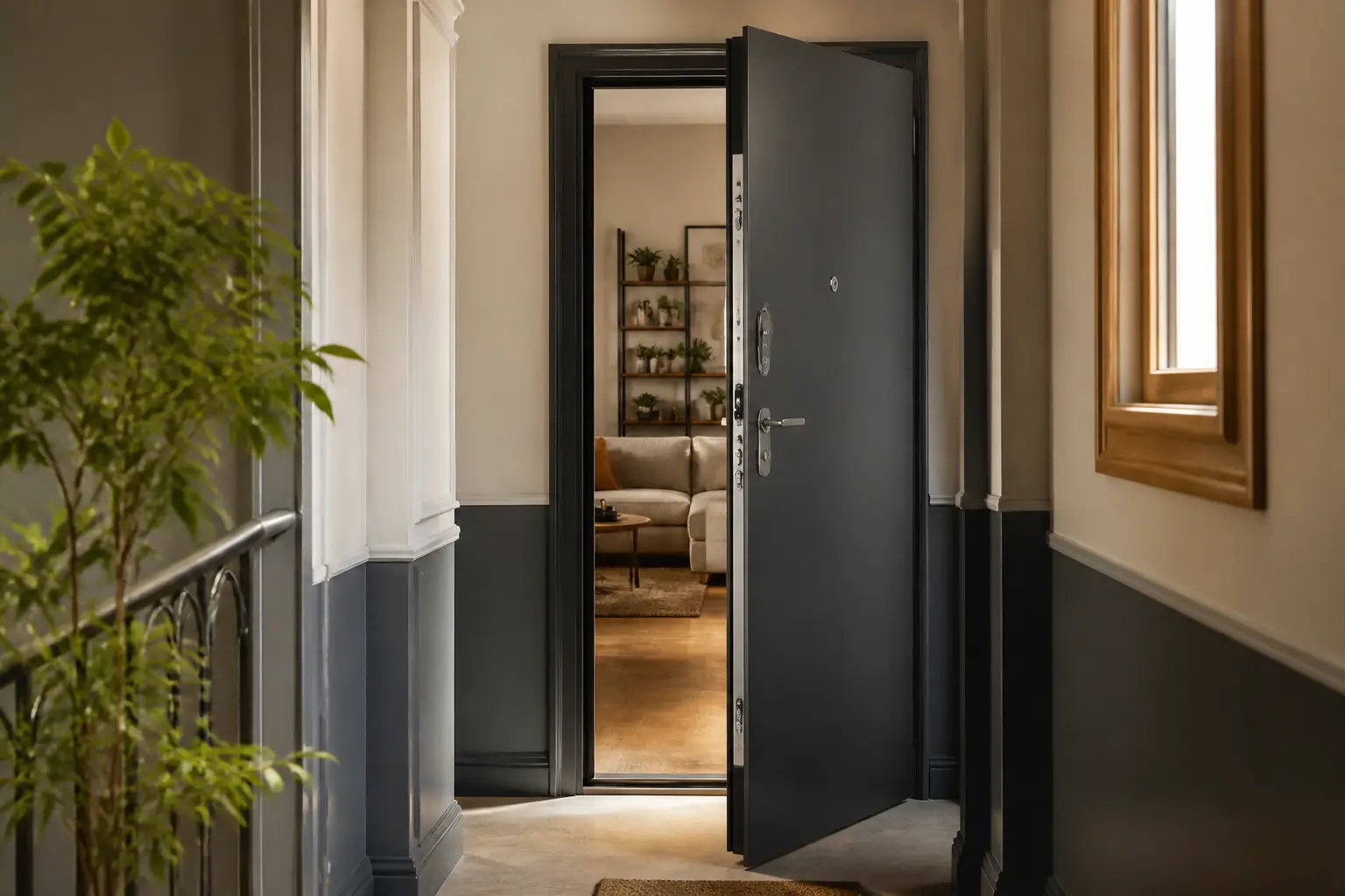 Porte palière moderne d’un appartement, sécurisée et élégante, vue du couloir avec serrure multipoints et isolation acoustique