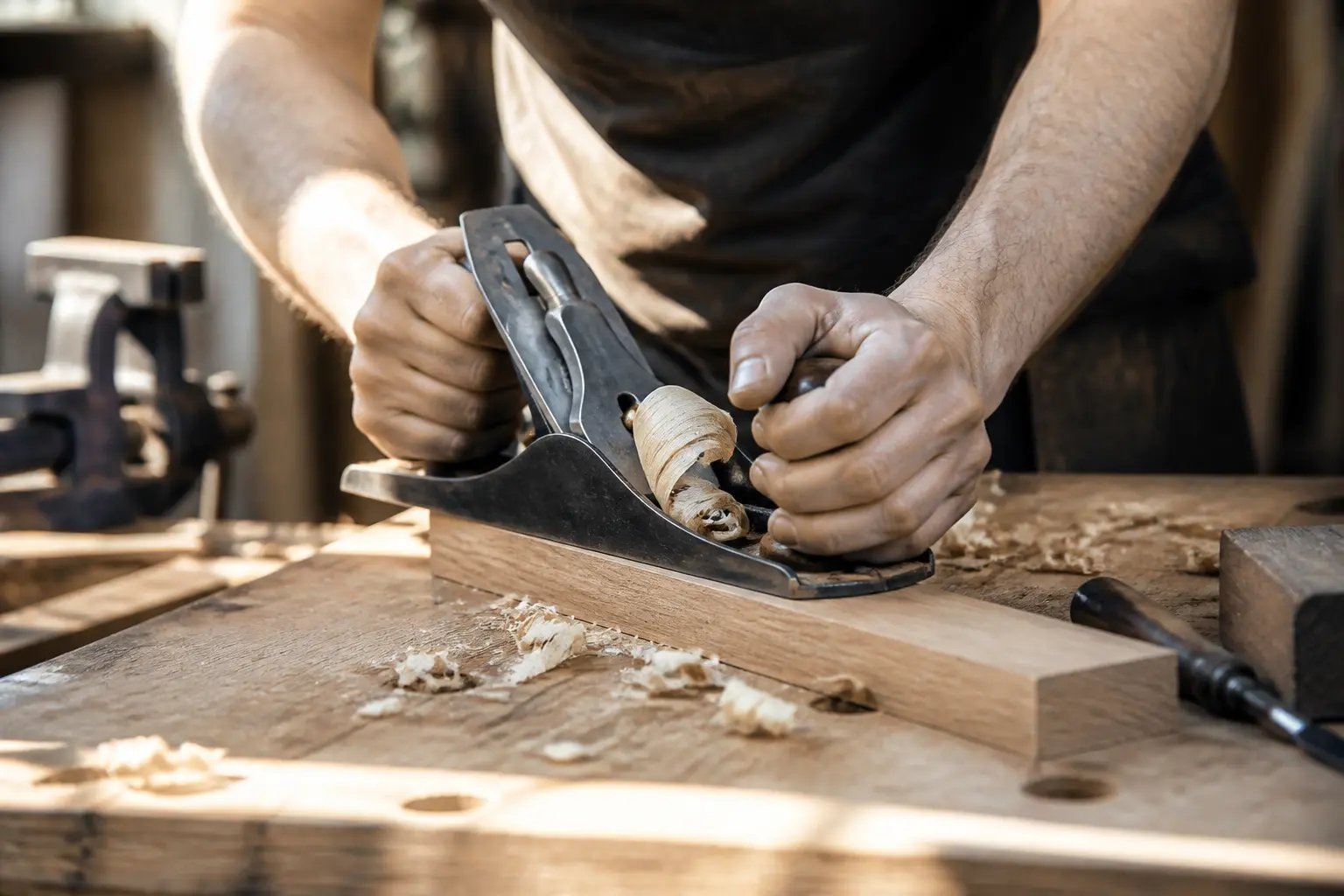 Mains d’artisan utilisant un rabot sur une planche en bois, copeaux fins et atelier de menuiserie en arrière-plan
