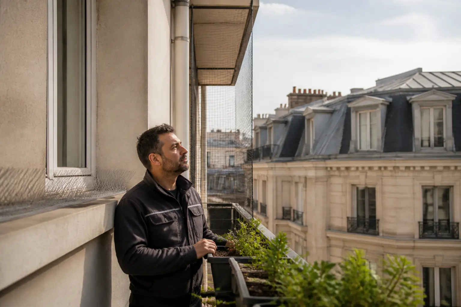 Répulsif à pigeon sur balcon urbain propre, avec pointes discrètes, filet de protection et propriétaire observant la façade.