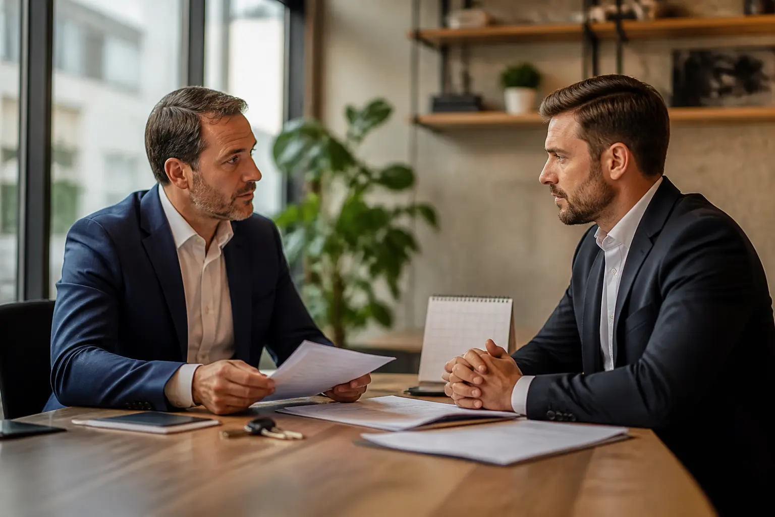 Résiliation bail commercial : locataire et bailleur examinent des documents dans un bureau moderne, avec clés et calendrier.