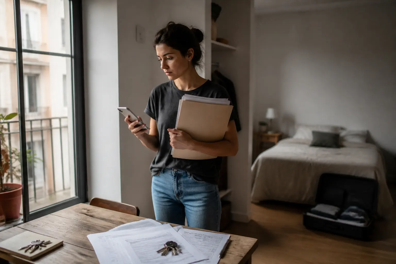 Jeune locataire en sous location dans un appartement meublé, avec documents, smartphone, valise et clés sur une table