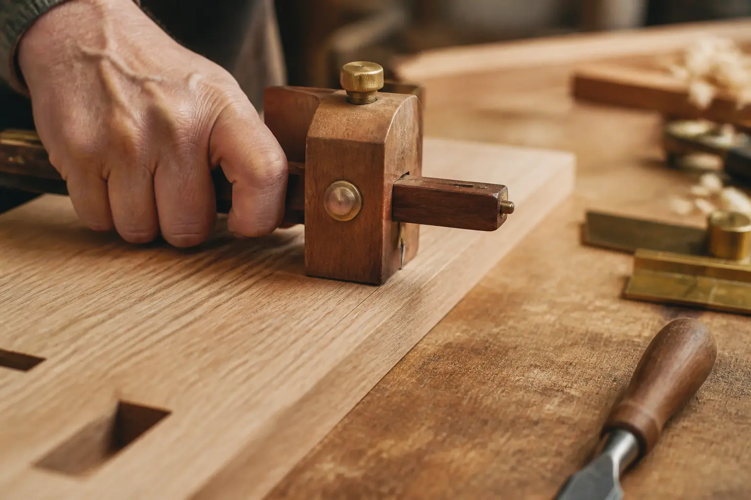 Trusquin en action traçant une ligne parallèle précise sur une planche de bois dans un atelier de menuiserie