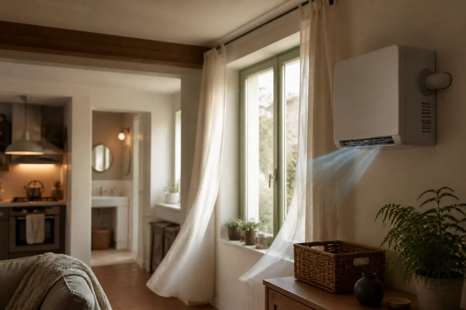 VMI murale insufflant de l’air frais dans un intérieur rénové, ambiance saine et confortable, lumière naturelle
