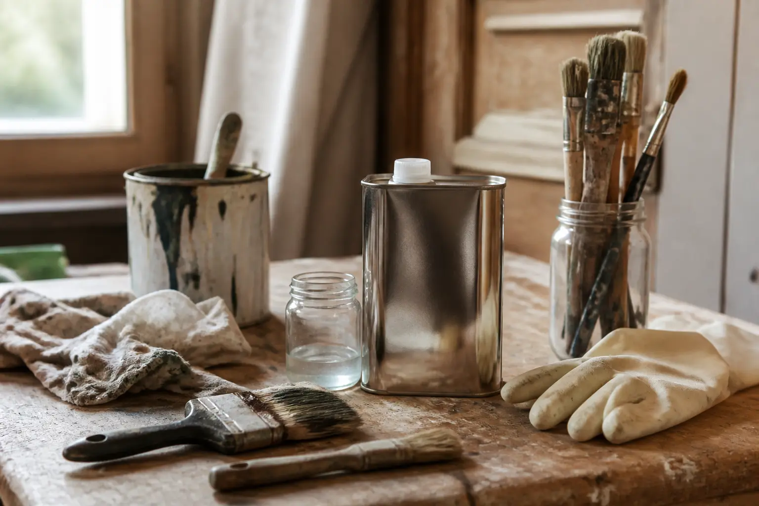 White spirit sur établi : pot métallique, pinceaux usés, chiffons, gants et peinture pour bricolage et nettoyage