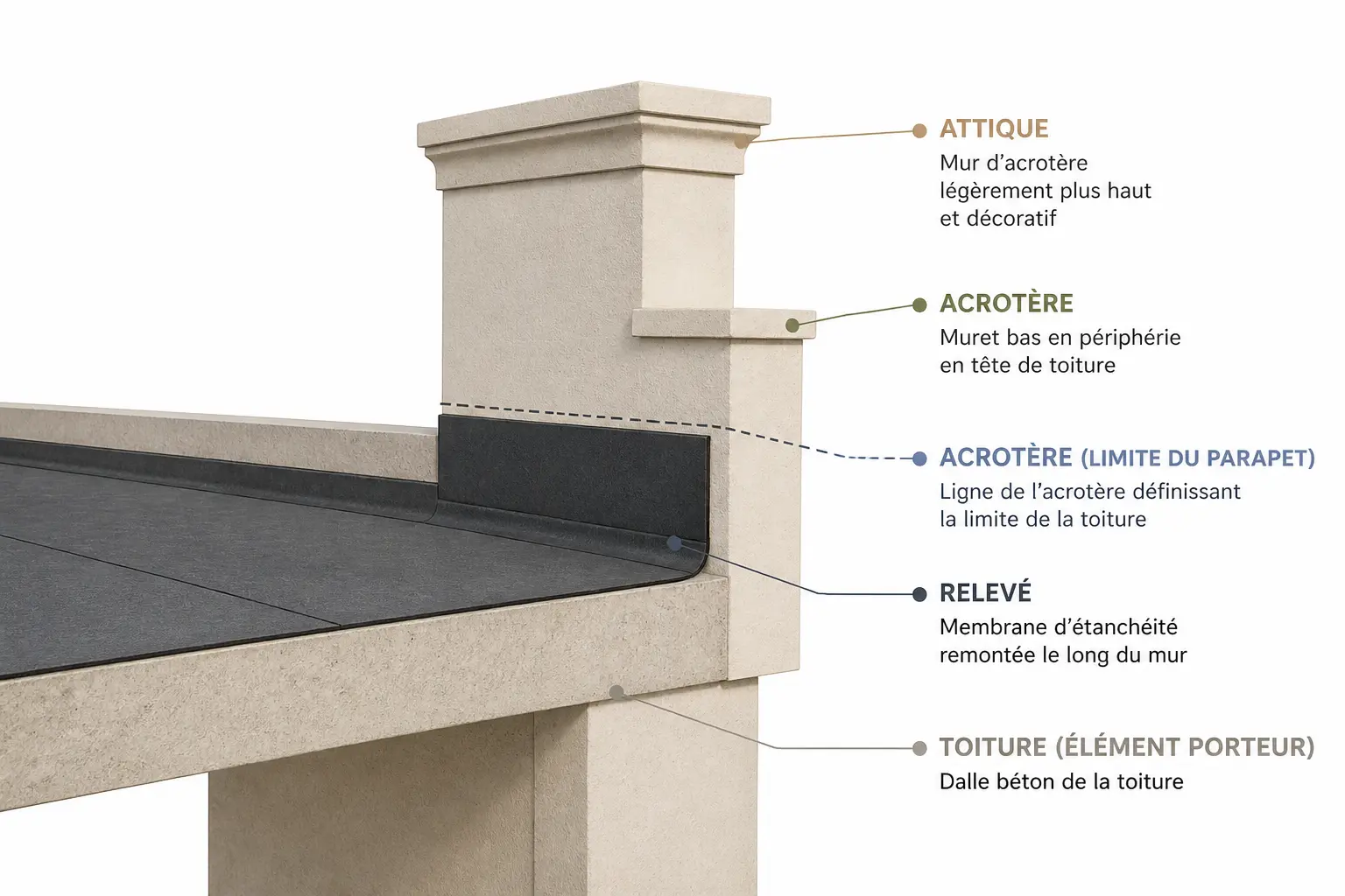 Acrotère : définition simple et différences avec parapet, attique et relevé