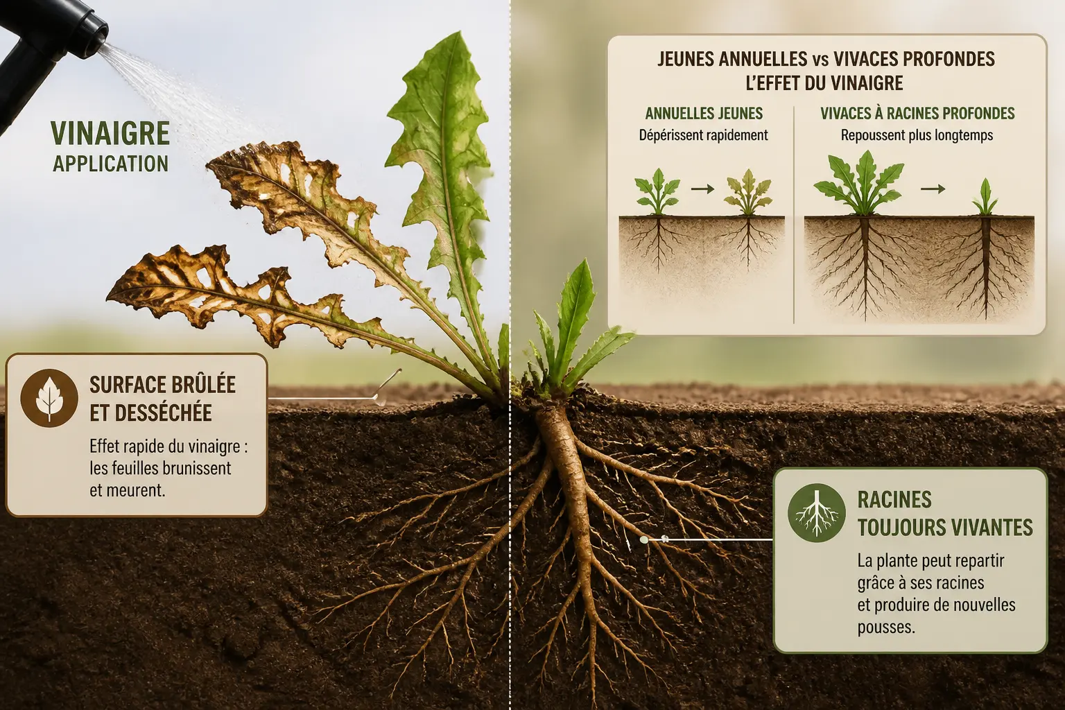 Le mélange agit vite sur les feuilles, beaucoup moins sur les racines