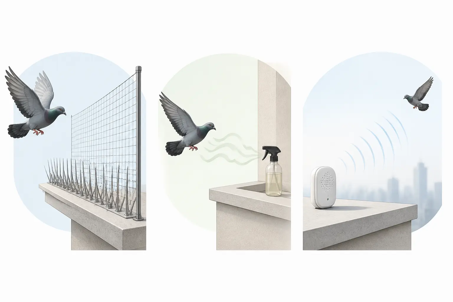 Les familles de solutions anti-pigeons : physique, visuel, olfactif ou sonore