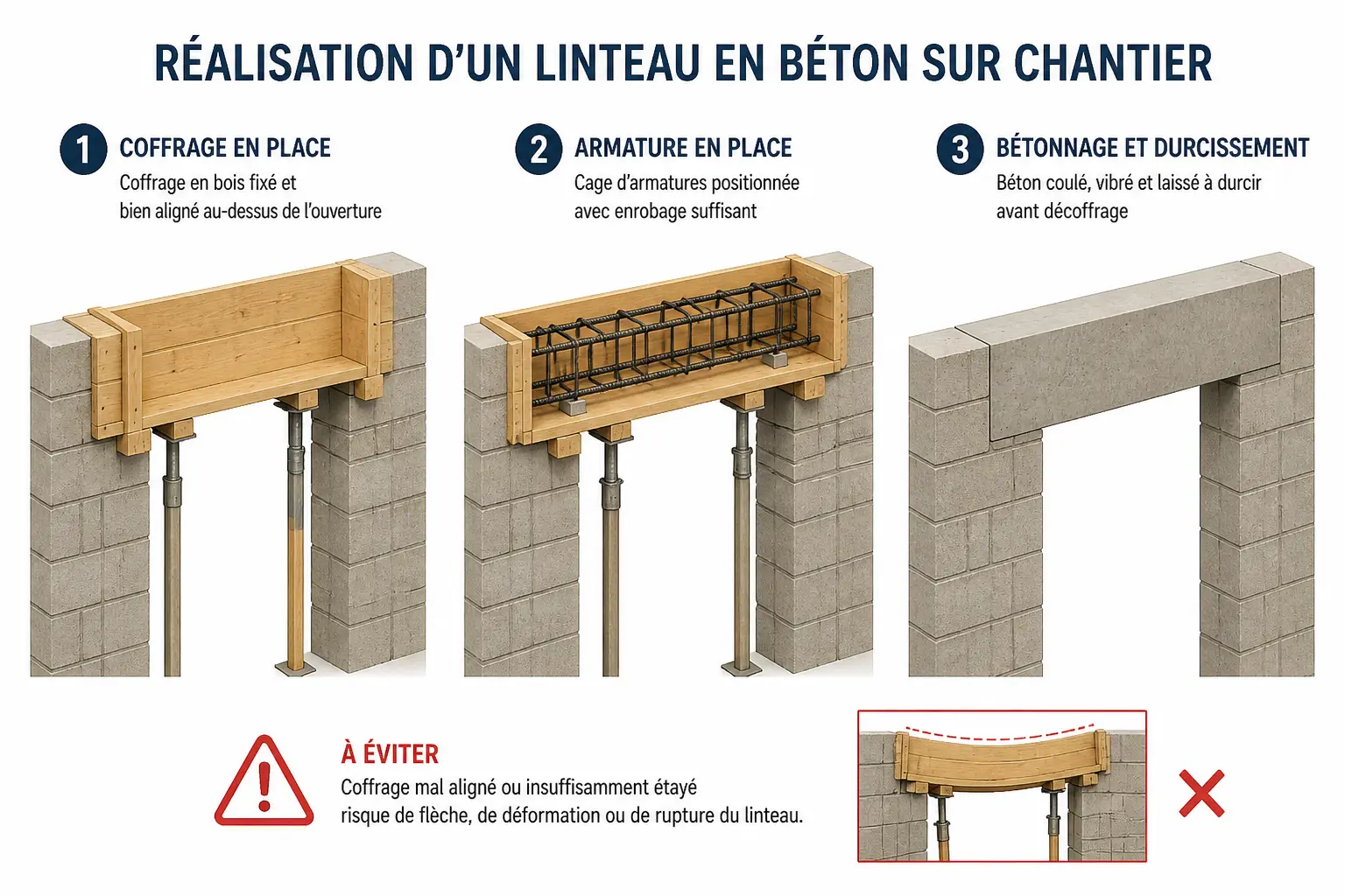 Pose et fabrication : coffrage, ferraillage, séchage et pièges fréquents