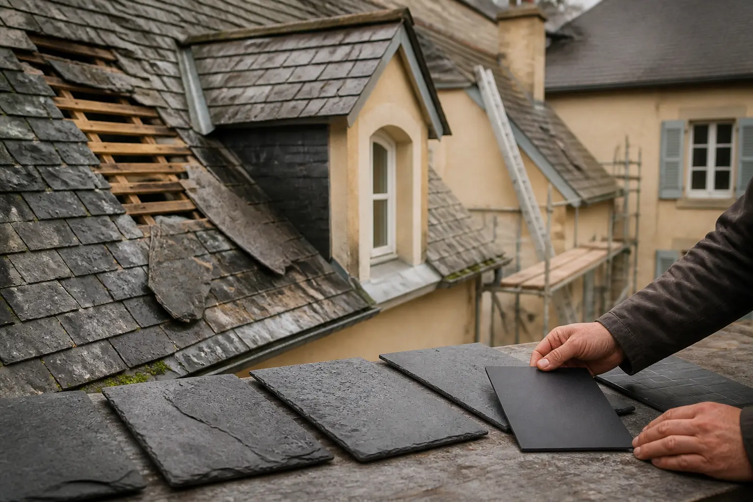 Ardoise pour toiture : toit ancien abîmé et couvreur comparant des échantillons d’ardoise en rénovation