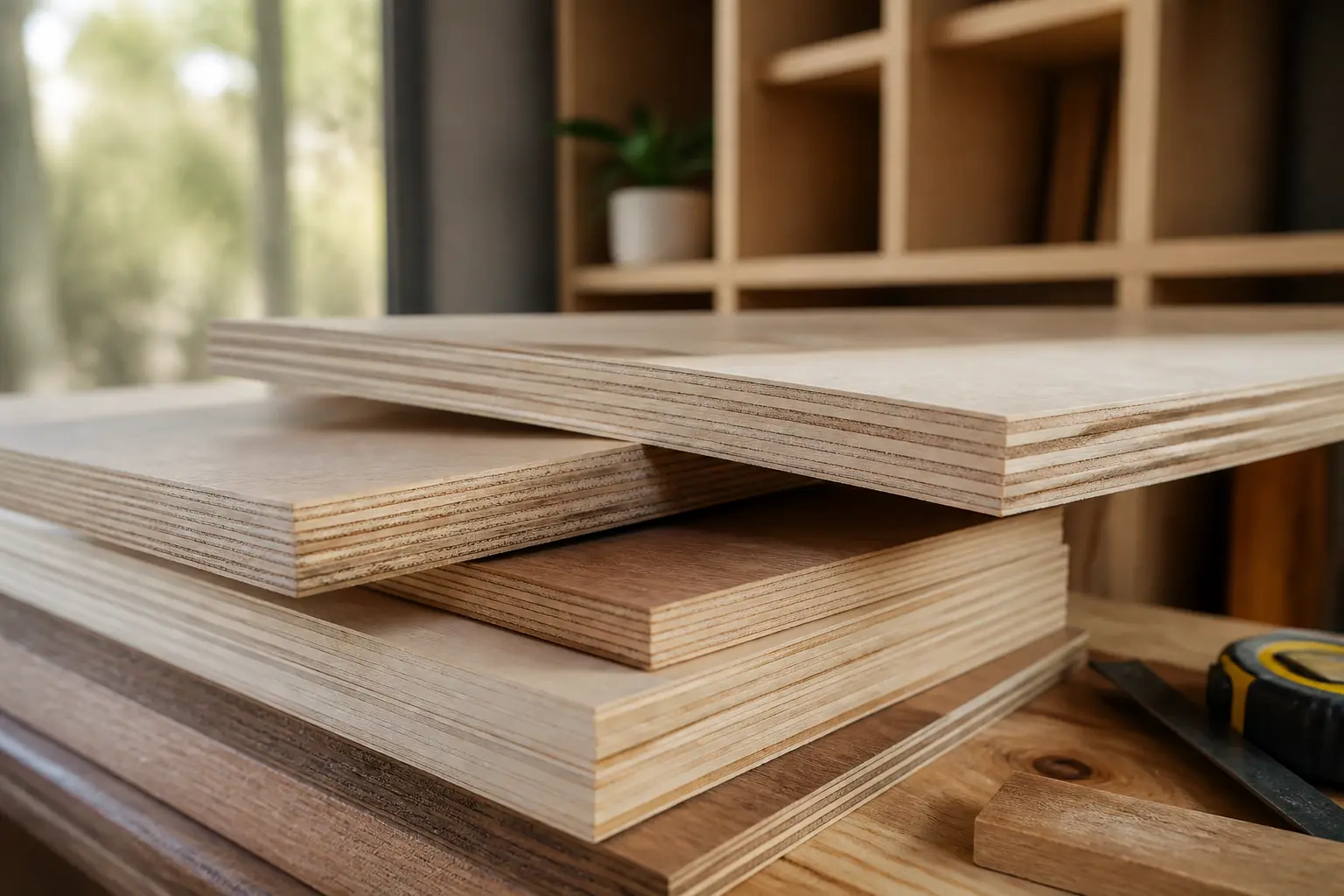 Bois contreplaqué empilé avec couches visibles, mètre ruban et détails d’atelier, ambiance chaleureuse et professionnelle