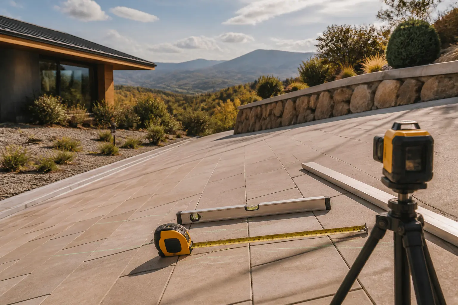 Calcul pente sur une terrasse en légère inclinaison avec mètre, niveau et laser, ambiance chantier réaliste.