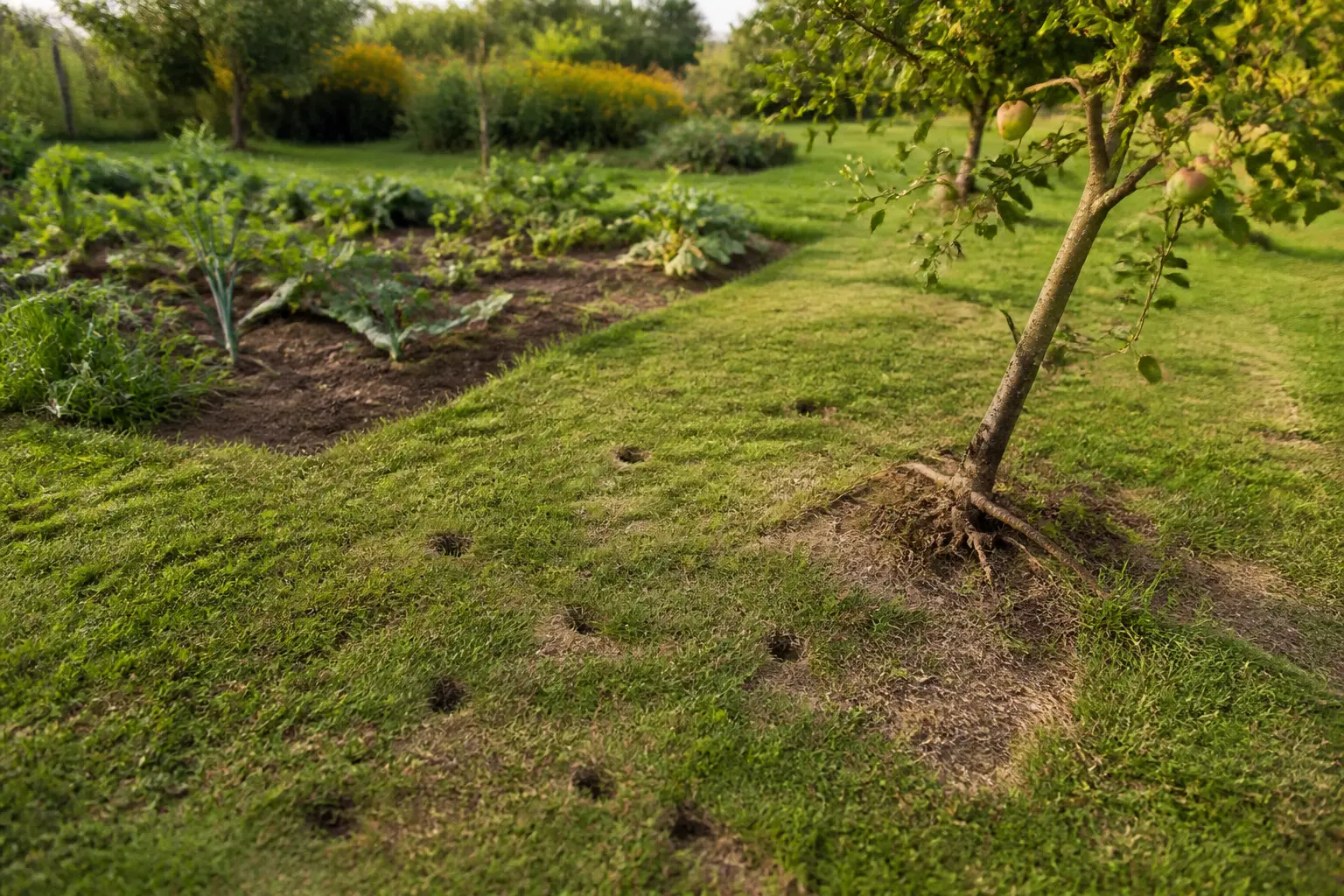 Jardin français avec signes de campagnol : arbre fruitier penché, trous discrets, galeries et rangs de légumes abîmés